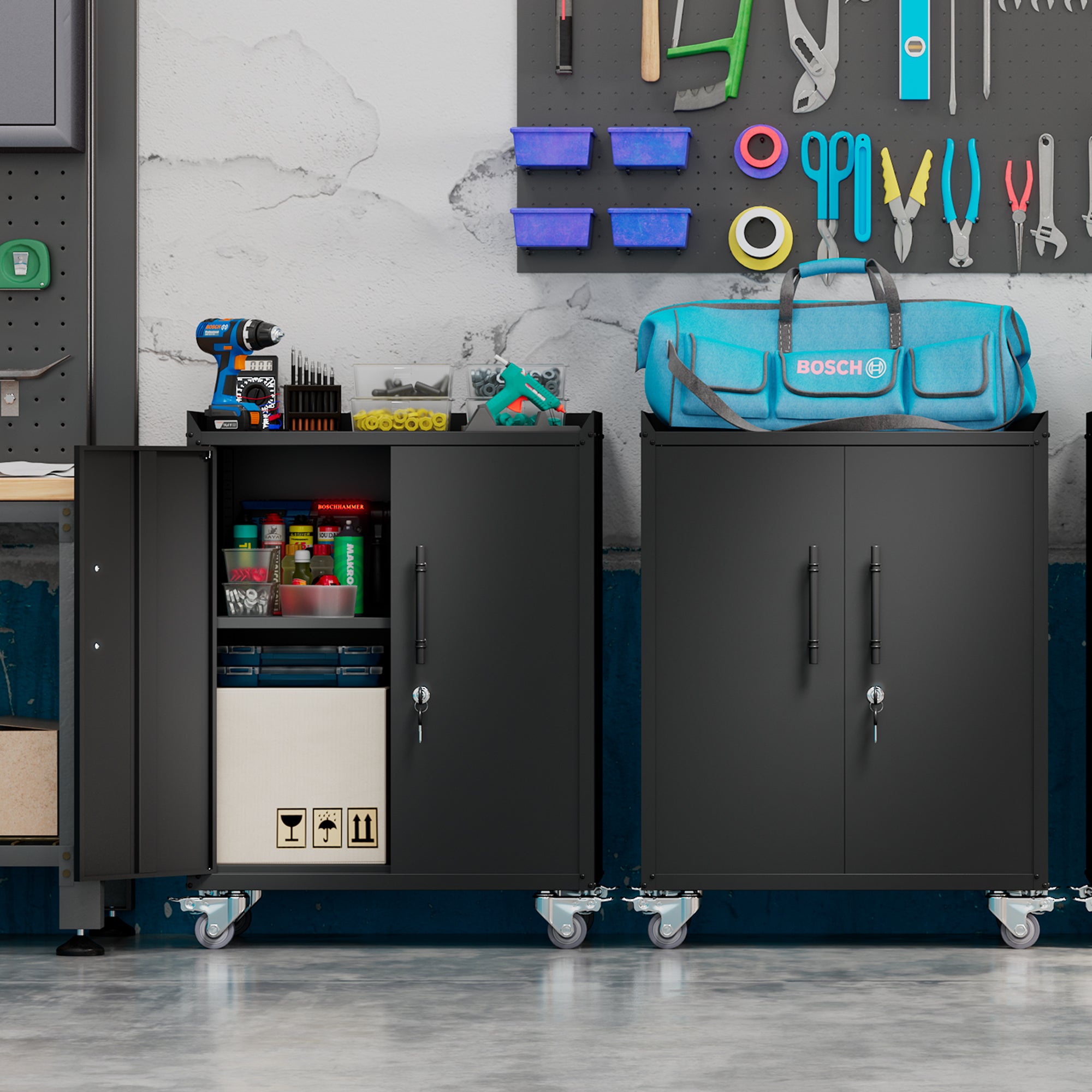 HAOYYE 2 Door Tool Cabinets for Garage, Lockable Garage Storage Cabinet, Locking Metal Storage Cabinet with Wheels, Rolling Tool Chest, Assembly Required H34*W30.3*D18 Sturdy Space-Saving Heavy Duty