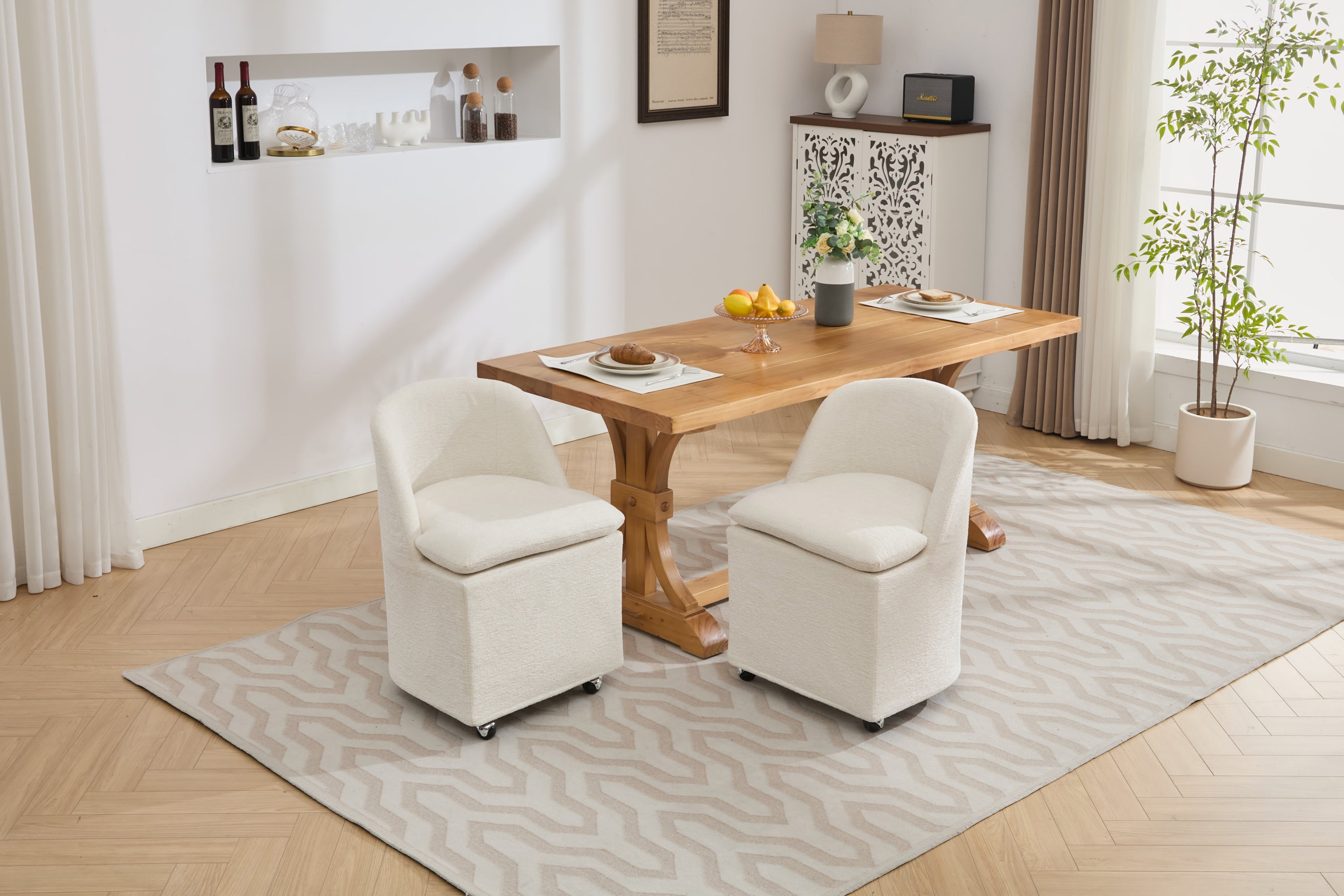 HAOYYE 058-Set of 2 Chenille Fabric Dining Chairs With Universal Wheels,Beige Sturdy Space-Saving Heavy Duty Modern Design Adults Dorm Room Easy Assembly Bedroom Furniture