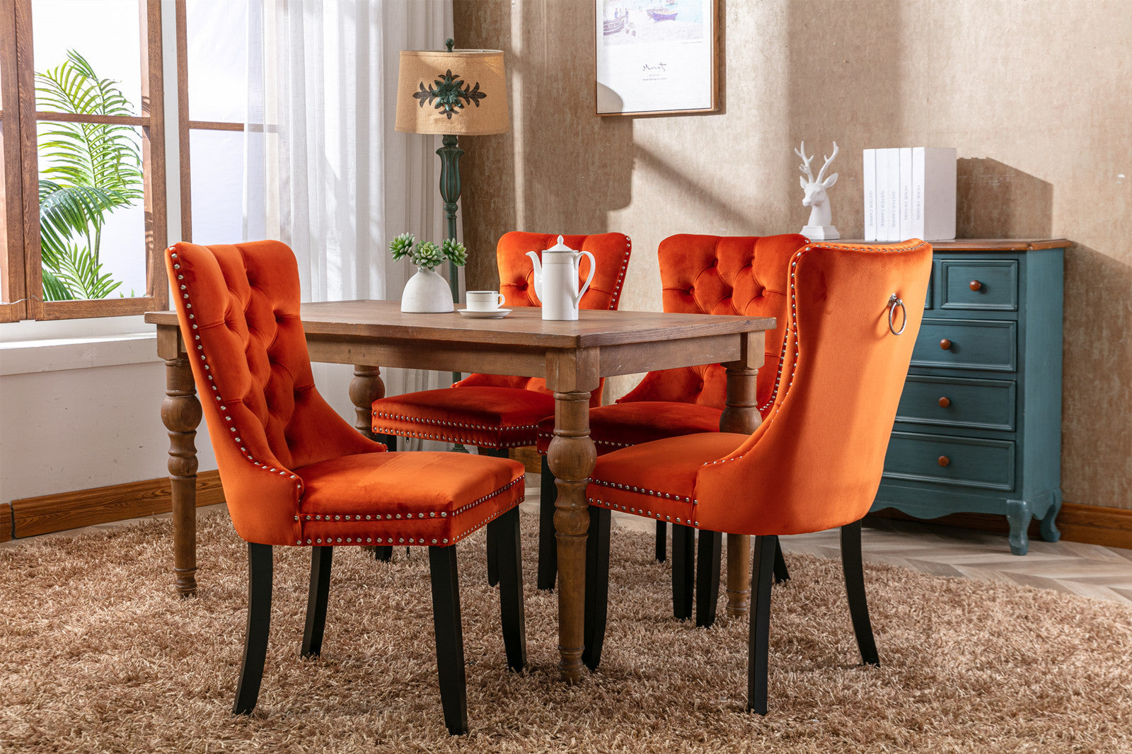 HAOYYE High-end Tufted Solid Wood Contemporary Velvet Upholstered Dining Chair with Wood Legs Nailhead Trim 2-Pcs Set, Orange, SW2001OG Sturdy Space-Saving Heavy Duty Modern Design