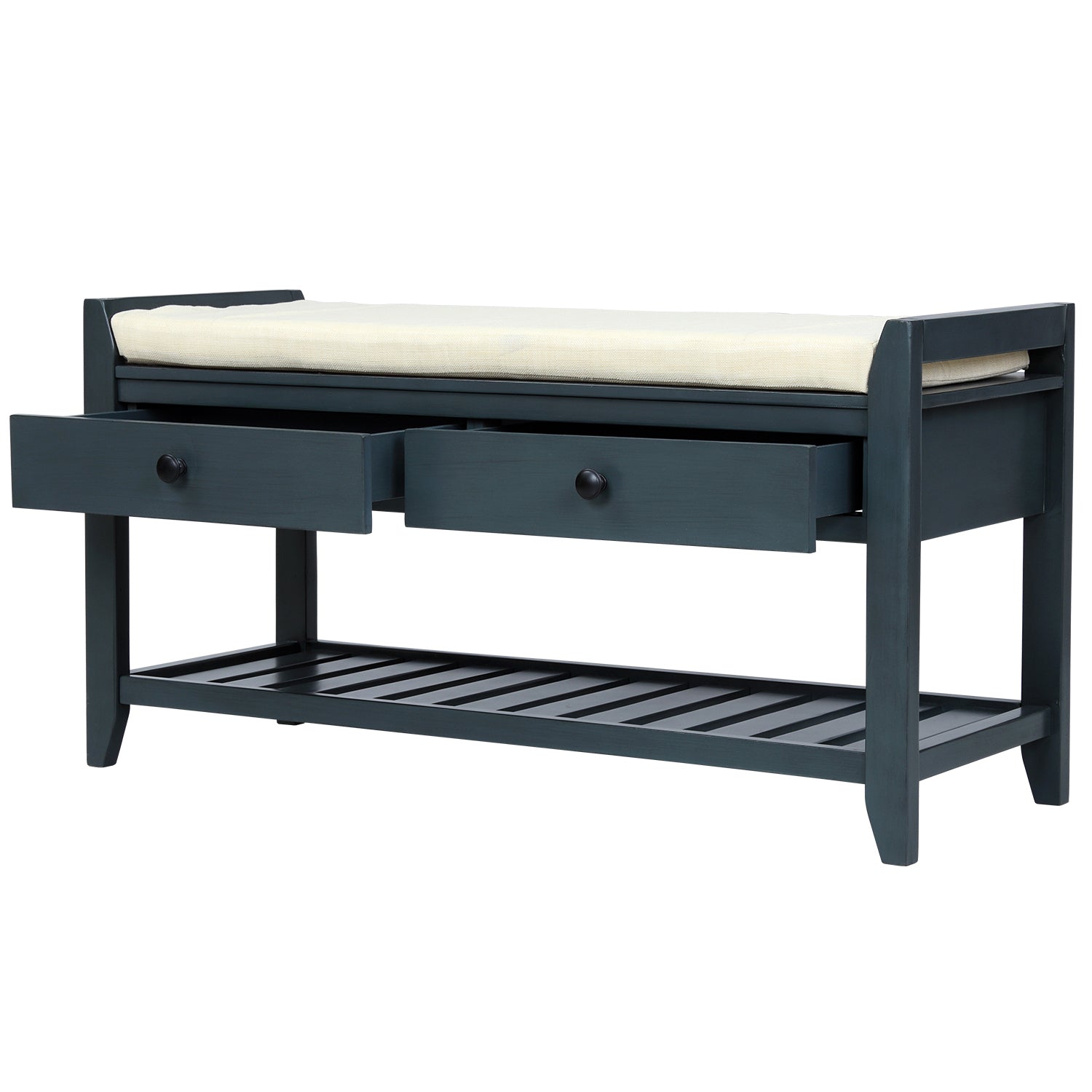 HAOYYE Shoe Rack with Cushioned Seat and Drawers, Multipurpose Entryway Storage Bench, Antique Navy, Sturdy Space-Saving Design, Heavy Duty Construction, Easy Assembly, Durable and Stylish Home Furniture, Versatile for Hallway or Bedroom Use