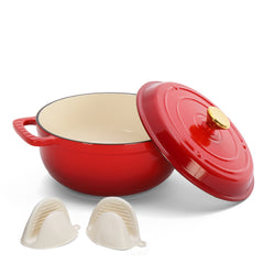 HAOYYE Cast Iron 5QT Cooking Pot Gradient Red Enamel Coating Includes Two Silicone Gloves Heavy Duty Durable Dutch Oven for Stovetop Oven and Outdoor Cooking Perfect for Stews Soups Casseroles and Everyday Meals