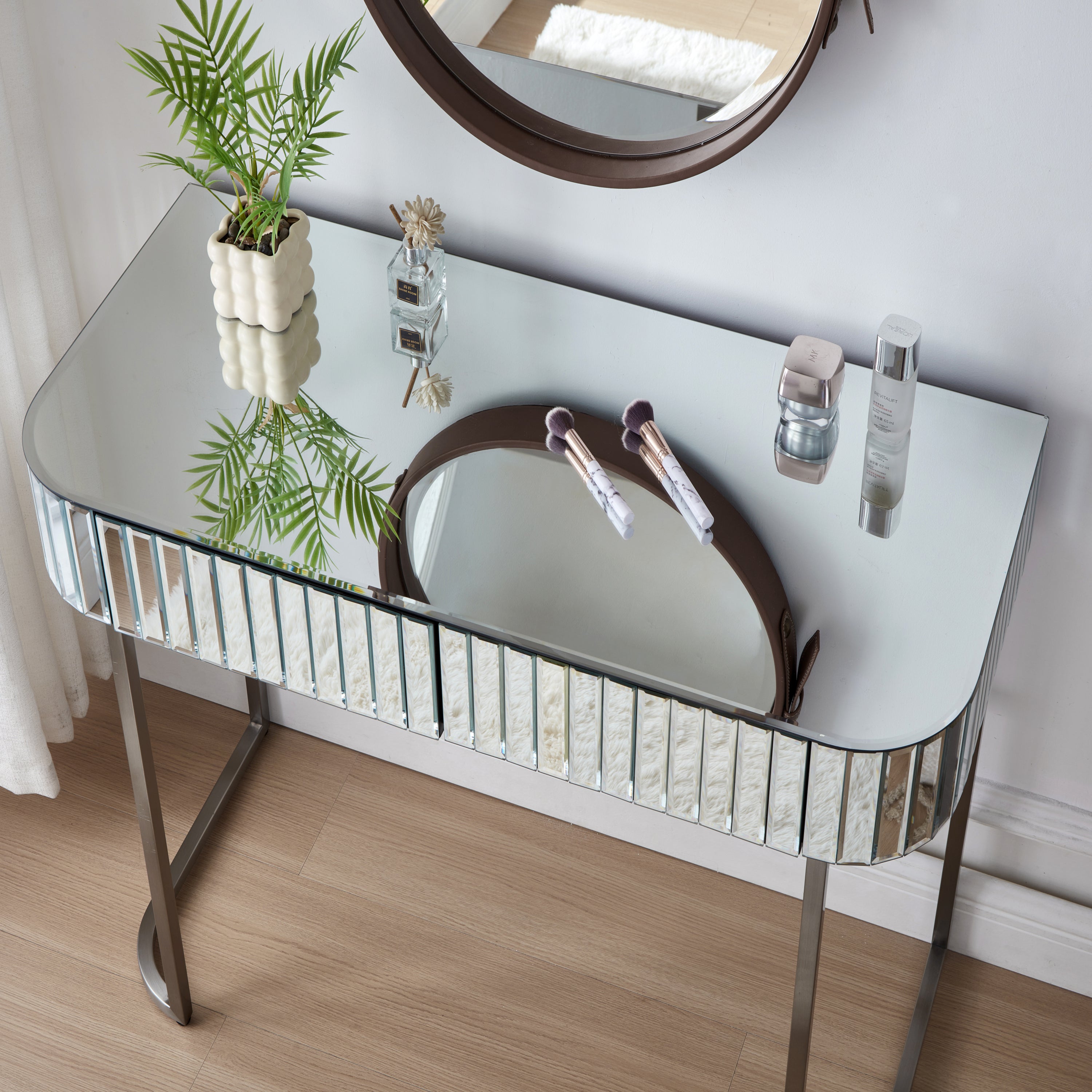HAOYYE 39" Mirrored Makeup Vanity Table with Stainless Steel Base, Mirrored Console Dressing Table with 2 Drawers,Versatile Desk for Bedroom and Office, Silver