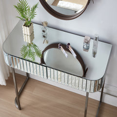 HAOYYE 39" Mirrored Makeup Vanity Table with Stainless Steel Base, Mirrored Console Dressing Table with 2 Drawers,Versatile Desk for Bedroom and Office, Silver