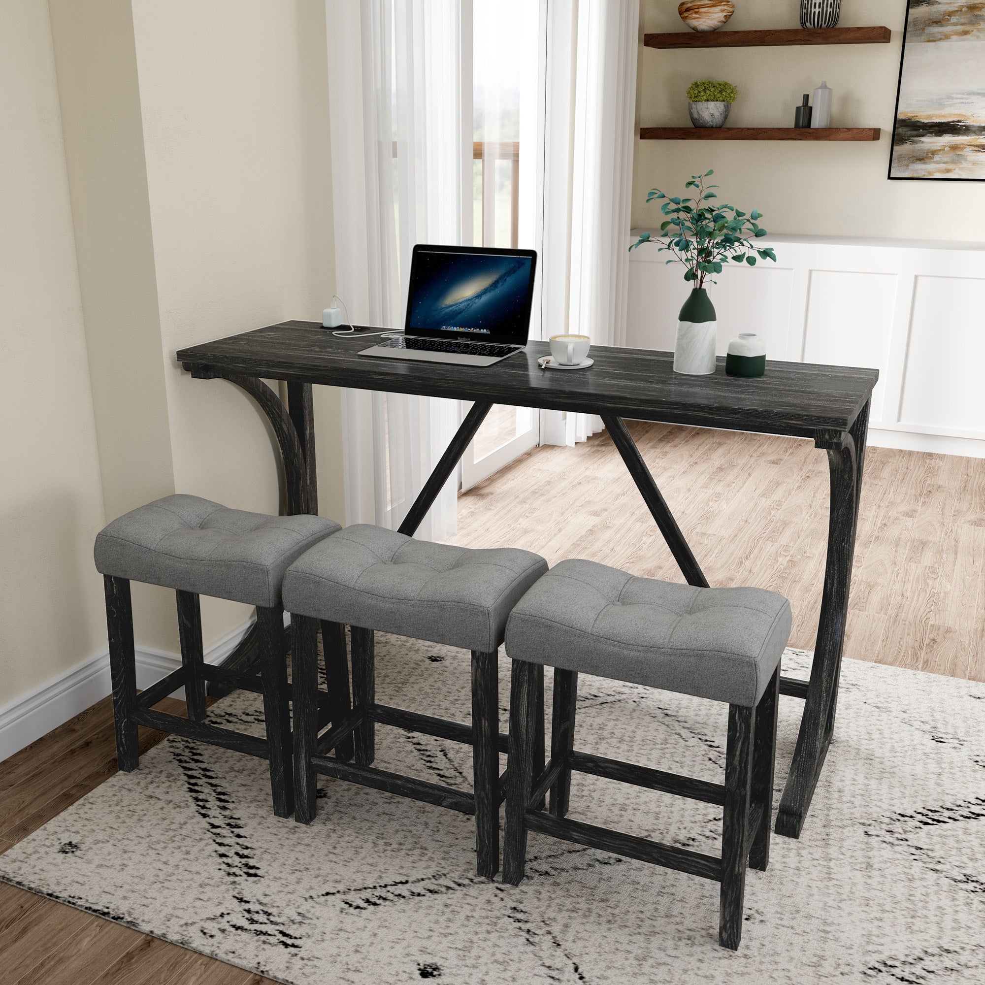 HAOYYE Bar Table Set with Power Outlet, Bar Table and Chairs Set, 4 Piece Dining Table Set, Industrial Breakfast Table Set, for Living Room, Dining Room, Game Room Sturdy Space-Saving Heavy Duty Adults