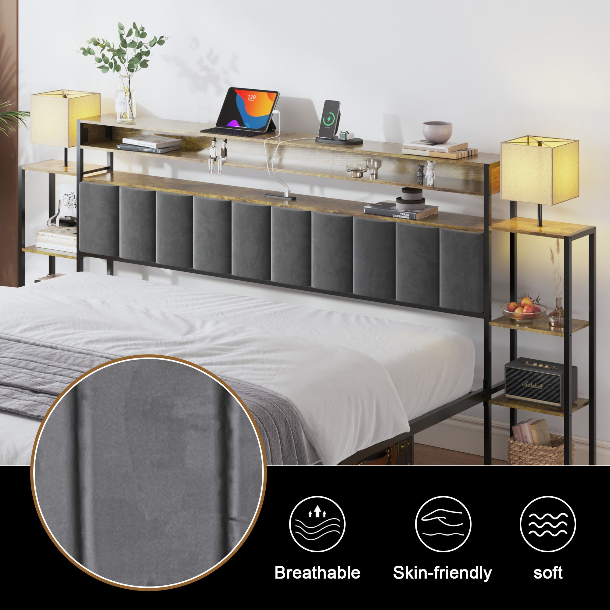 HAOYYE King Bed Frame with Storage, Platform Bed King Size with LED Lights and Charging Station, Dark gray velvet Headboard with Bookcase Shelves, No Box Spring Needed, Noise Free Sturdy Space-Saving
