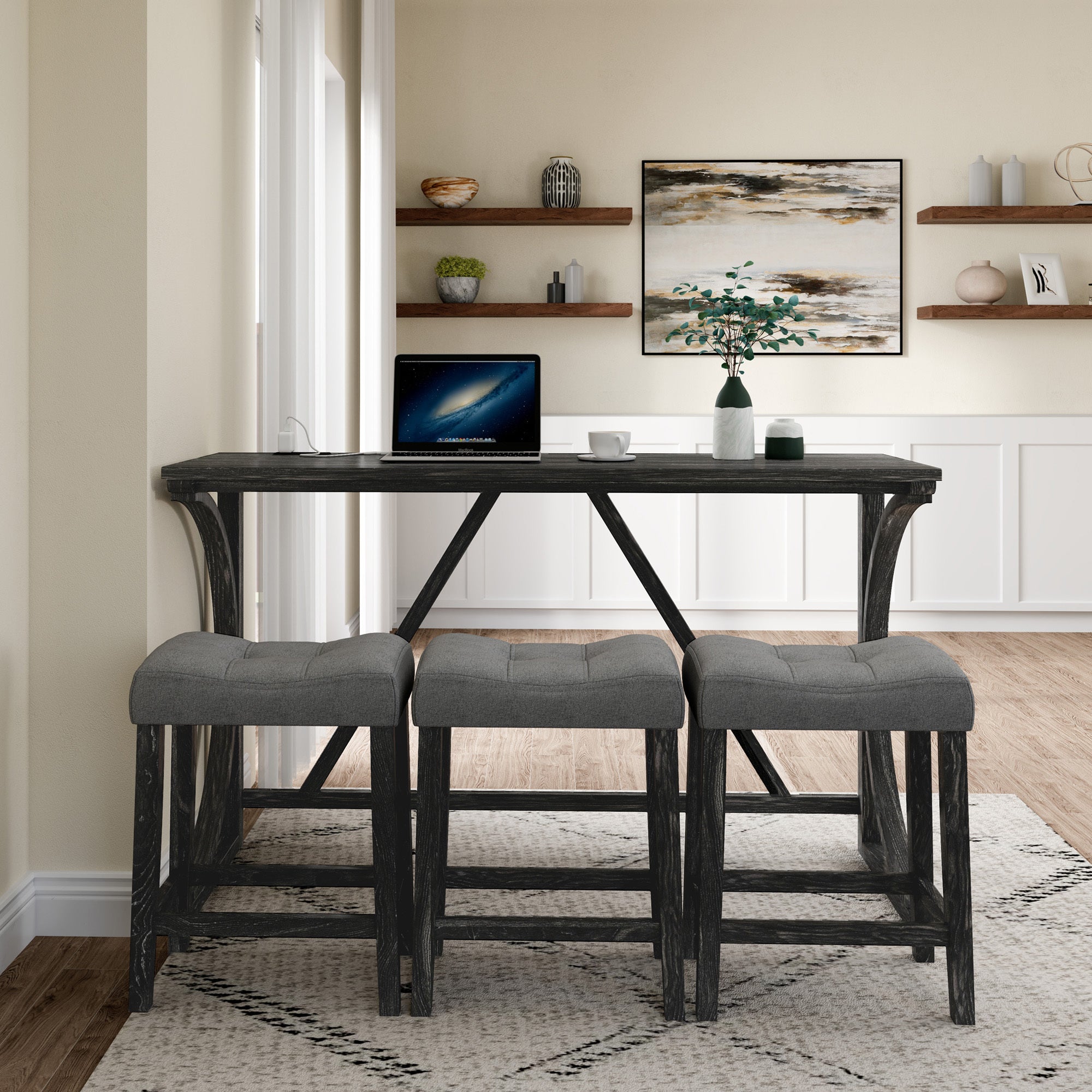 HAOYYE Bar Table Set with Power Outlet, Bar Table and Chairs Set, 4 Piece Dining Table Set, Industrial Breakfast Table Set, for Living Room, Dining Room, Game Room Sturdy Space-Saving Heavy Duty Adults