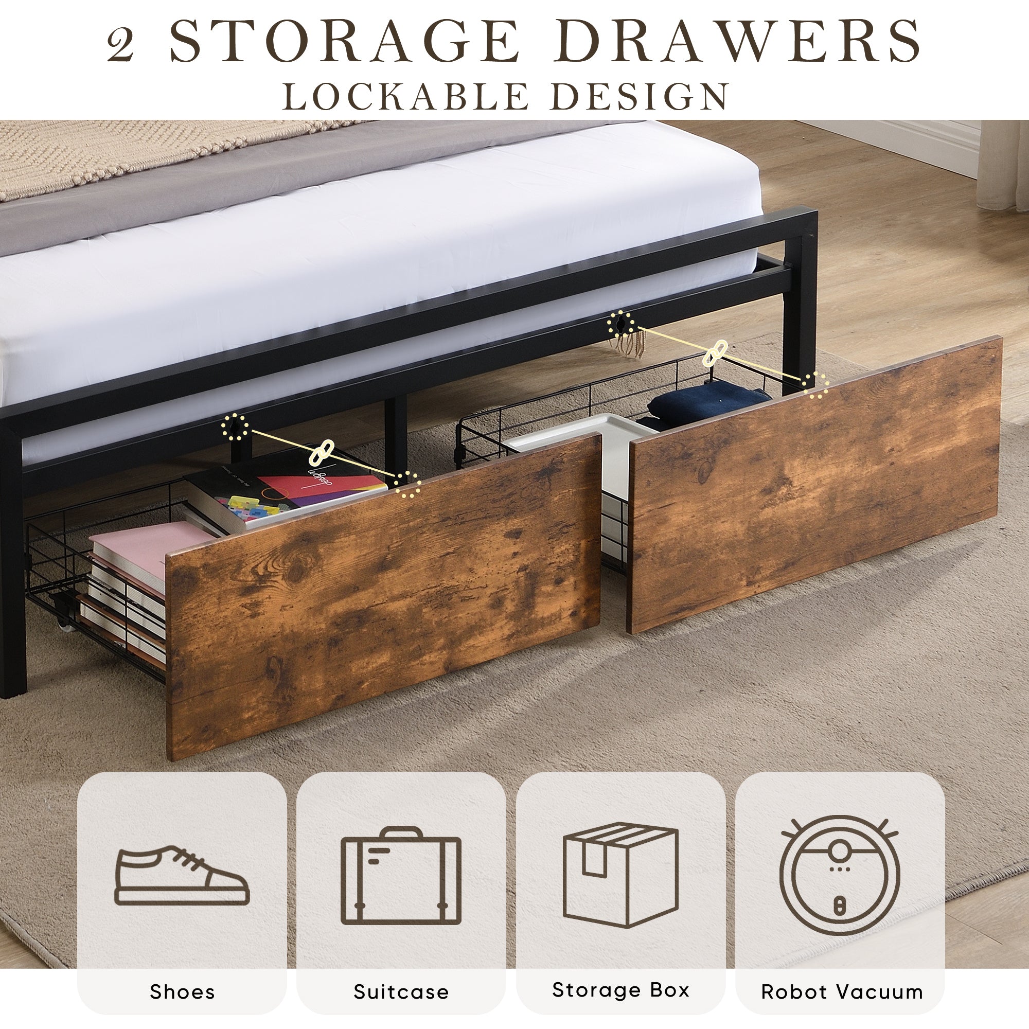 HAOYYE Full Size Bed Frame with Storage Headboard and 2 Drawers, LED Lights Bed with Charging Station, Metal Platform Bed No Noise, Mattress Foundation Strong Metal Slats Support No Box Spring Needed Sturdy