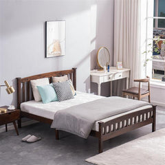 HAOYYE Queen Platform Bed Frame with Vertical Slatted Headboard in Walnut Color, Modern Wood Bed Frame with Sturdy Construction, Elegant Style for Bedroom, Guest Room, Easy Assembly
