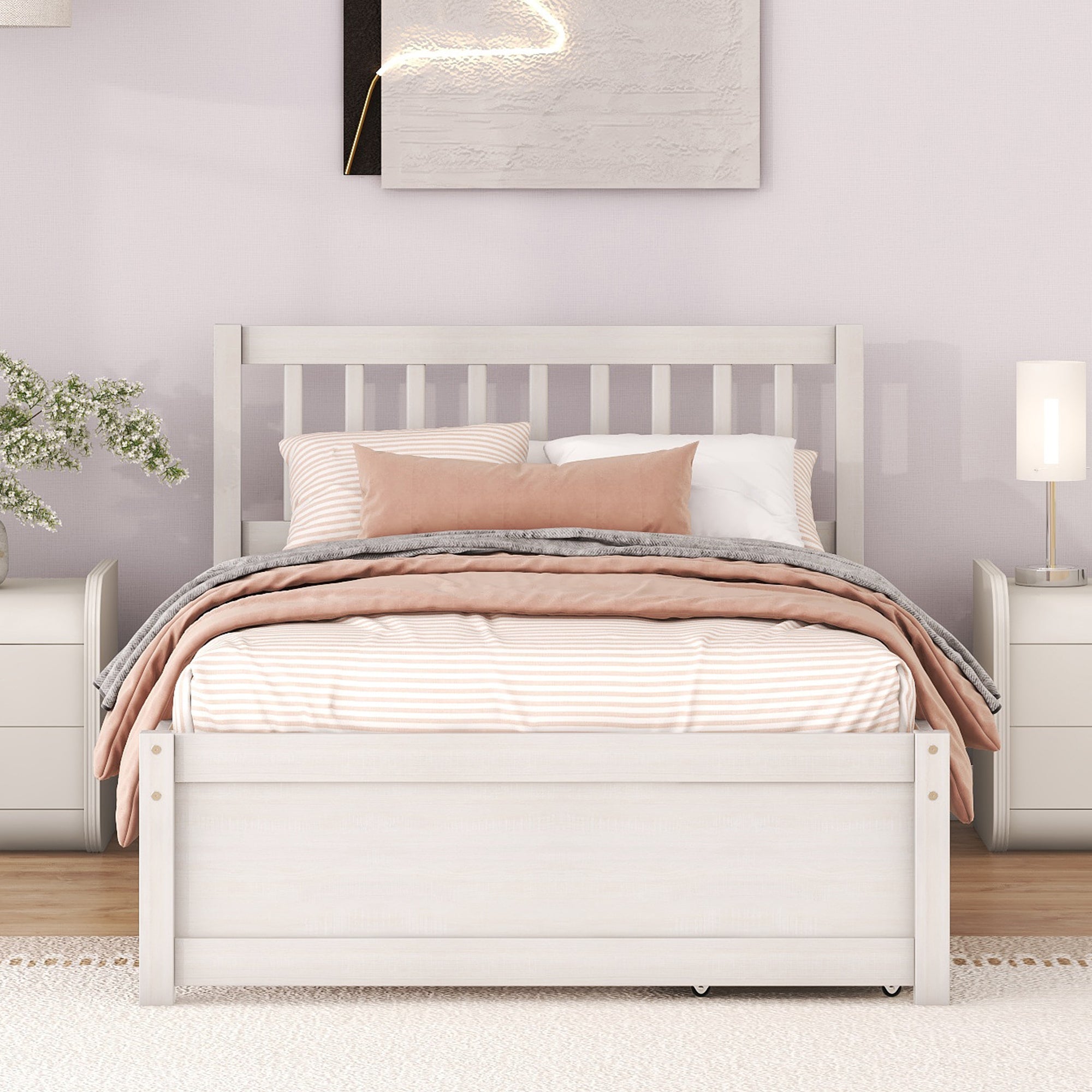HAOYYE Modern Design Wooden Platform Bed with Two Drawers for White Washed Color Home Furniture Featuring Sturdy Heavy Duty Build, Space Saving Design, Easy Assembly, Durable Quality, Stylish Contemporary Aesthetic and Versatile for Any Living Space