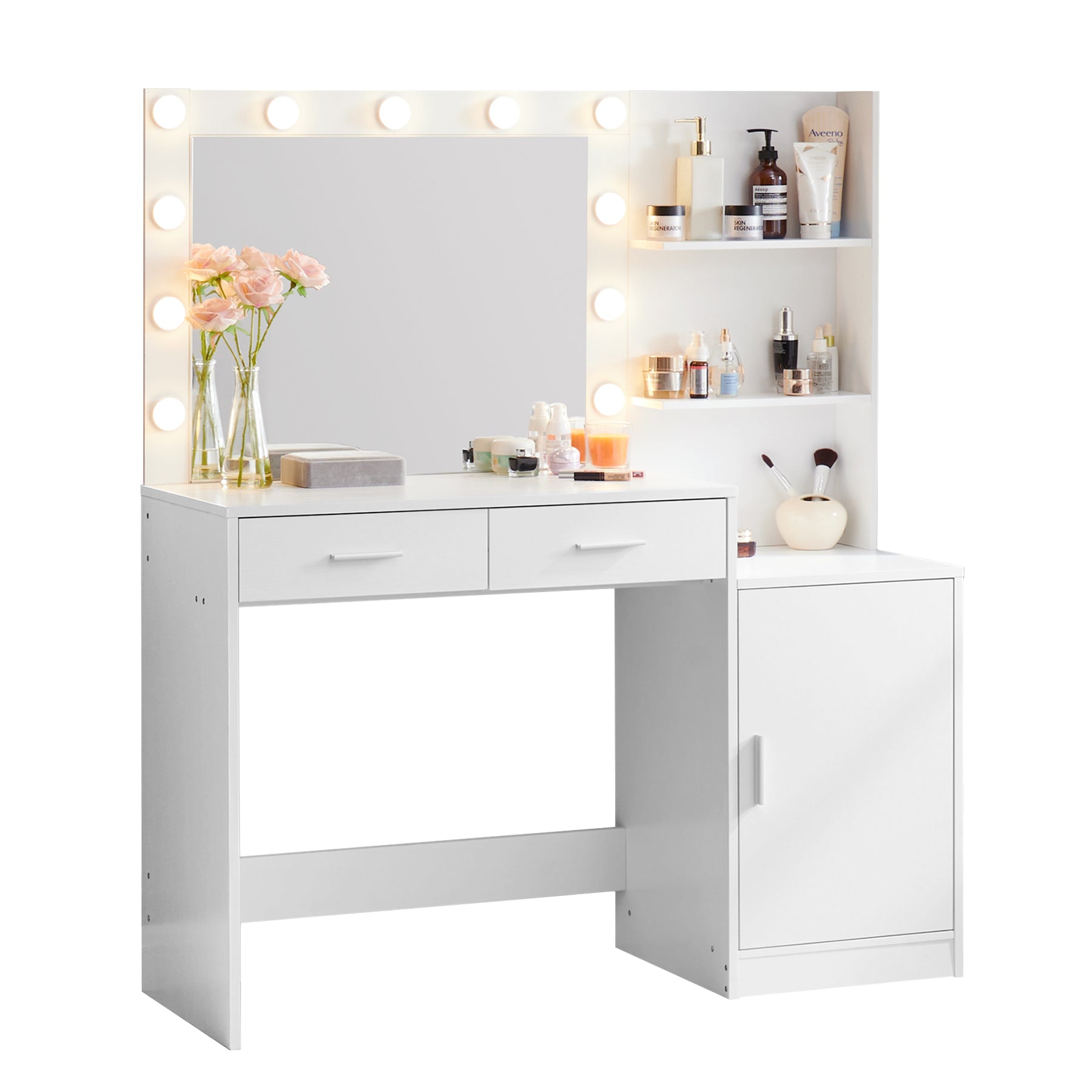 HAOYYE Vanity Desk with Mirror and Lights, 46.4IN Dressing Table with 2 Large Drawer&Large Vertical Organizer, 3 Level Dresser & 3 Lighting Modes Adjustable Brightness, Suitable for Bedroom(White)