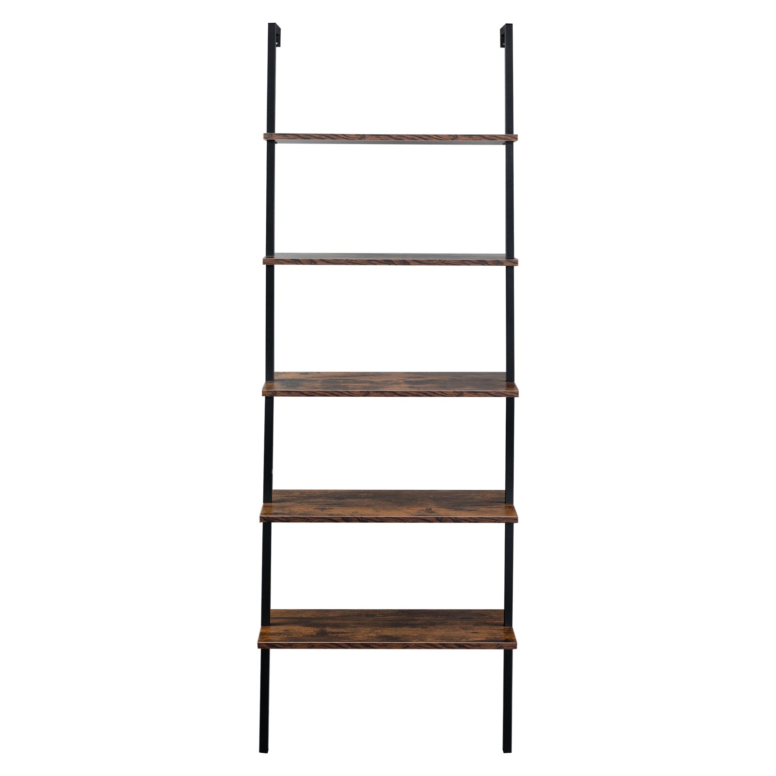 HAOYYE 5-Tier Industrial Wall Mounted Ladder Bookcase – Rustic Brown Wood Finish With Black Metal Frame, Open Display Shelf For Books, Home Décor, Plants, Living Room Storage, Office Display, Durable & Space-Saving Industrial Design