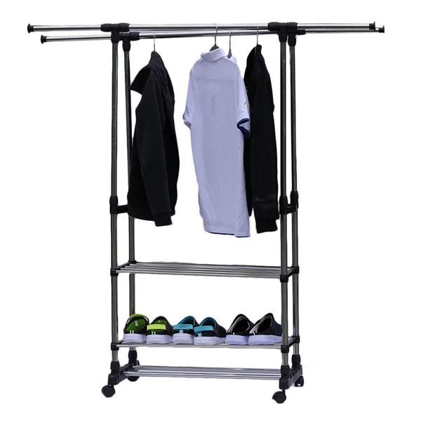 HAOYYE Dual Bars Horizontal & Vertical 3-Tier Stainless Steel Clothing Rack, Space-Saving Garment and Shoe Organizer, Durable and Versatile Storage Solution, Modern Design for Home or Office