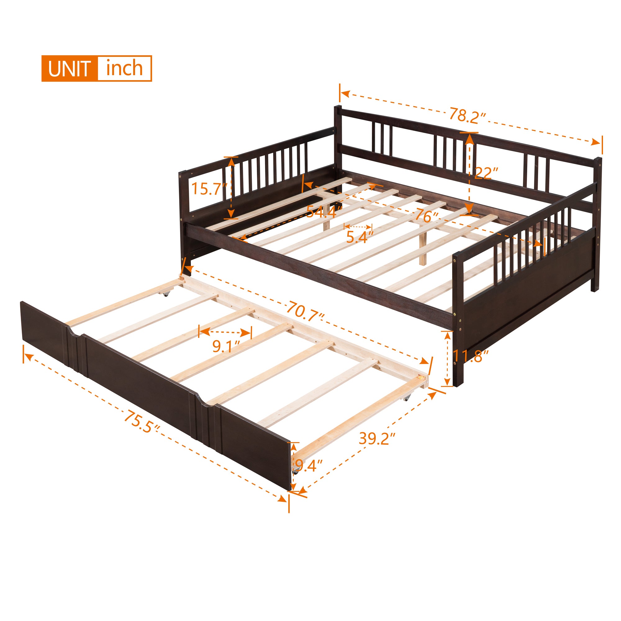 HAOYYE Full Size Daybed Wood Bed with Twin Size Trundle,Espresso Sturdy Space-Saving Heavy Duty Modern Design Adults Dorm Room Easy Assembly Bedroom Furniture
