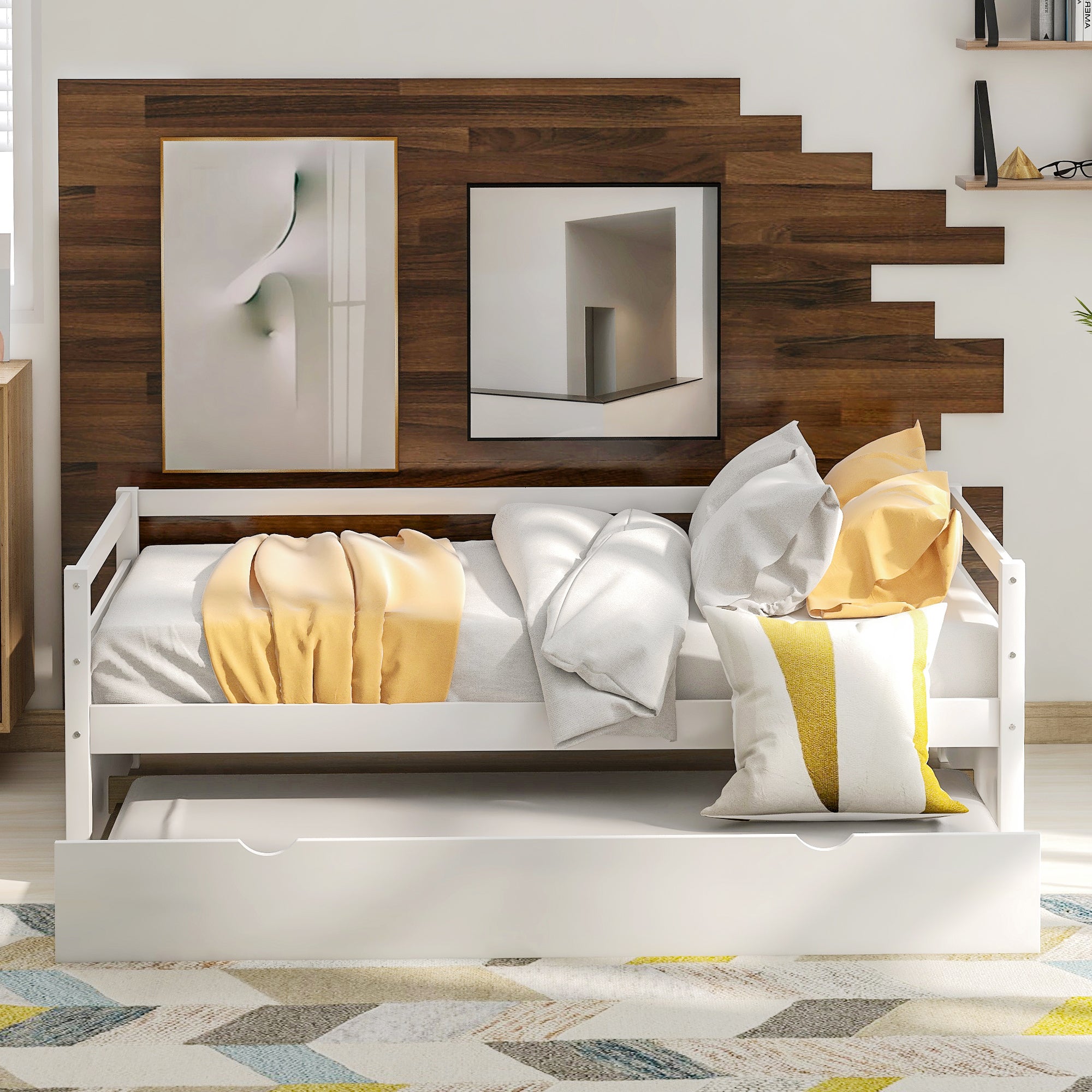 HAOYYE Daybed with Trundle Frame Set, Twin Size, White Sturdy Space-Saving Heavy Duty Modern Design Easy Assembly Durable Stylish Home Furniture Versatile