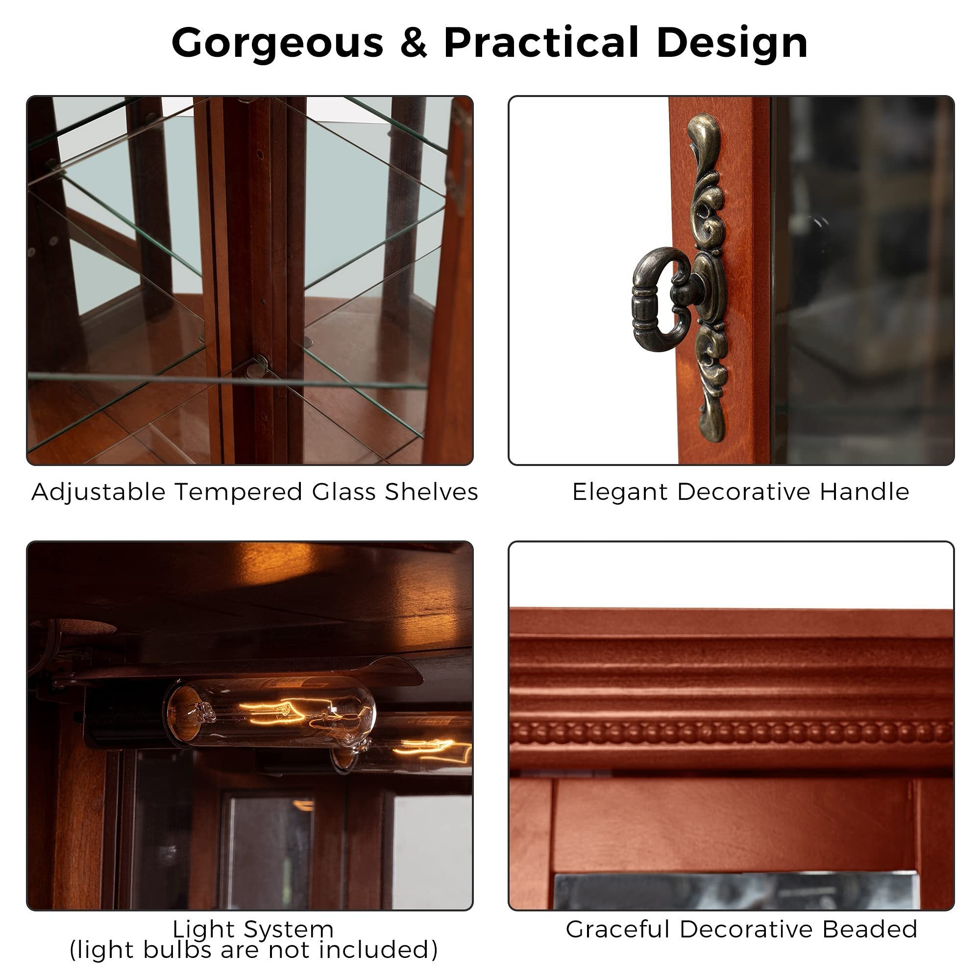 HAOYYE Corner Curio Cabinet with Lights, Adjustable Tempered Glass Shelves, Mirrored Back, Display Cabinet,Light Walnut (E26 light bulb not included) Sturdy Space-Saving Heavy Duty Modern Design Adults