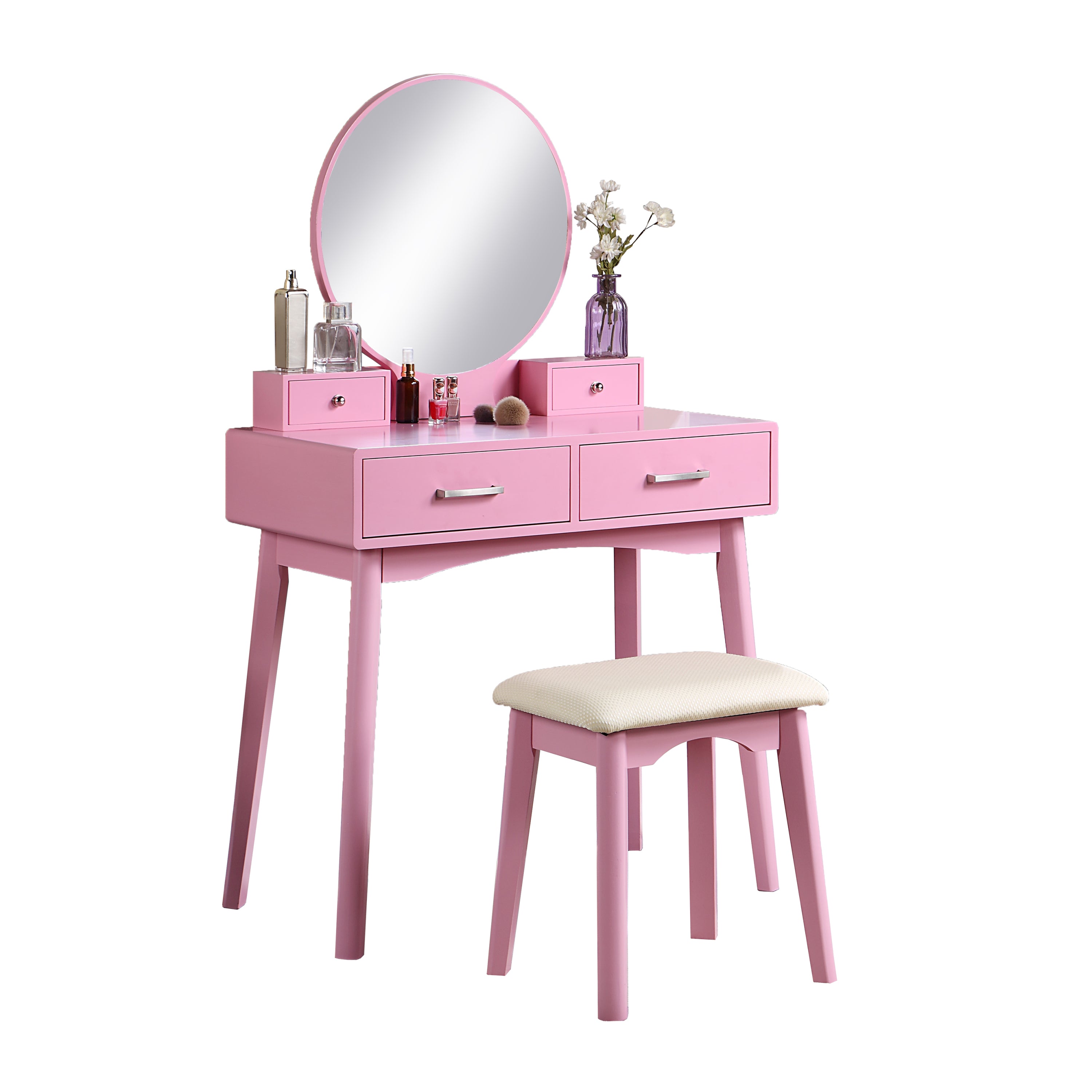 HAOYYE Liannon Contemporary Wood Vanity and Stool Set, Pink Makeup Vanity Table with Storage Drawers, Elegant Dressing Table with Round Mirror and Cushioned Stool, Stylish and Compact Design for Bedroom, Apartment, or Makeup Room