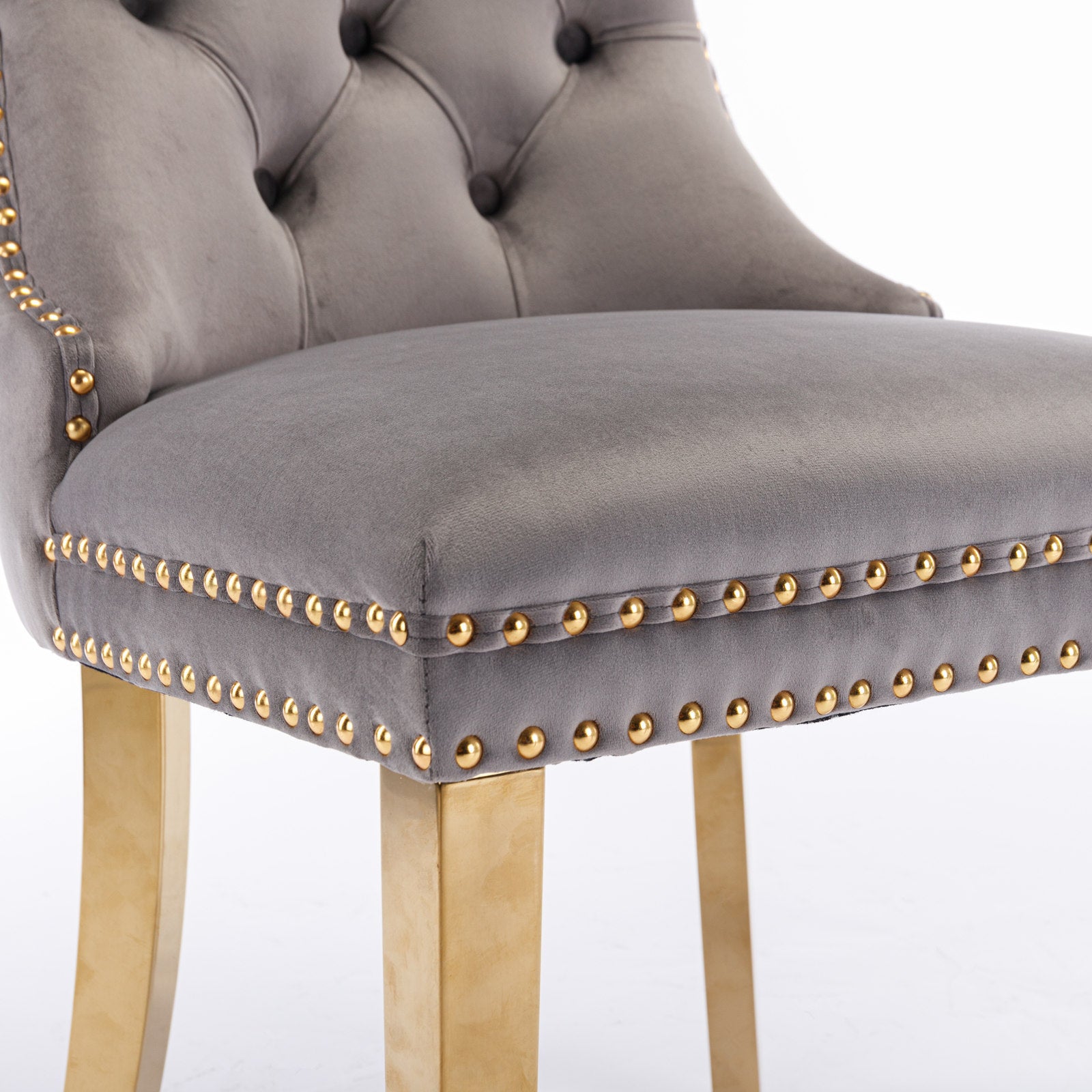 HAOYYE High-end Tufted Solid Wood Contemporary Velvet Upholstered Dining Chair with Golden Stainless Steel Plating Legs,Nailhead Trim,Set of 2,Gray and Gold, SW1601GY Sturdy Durable