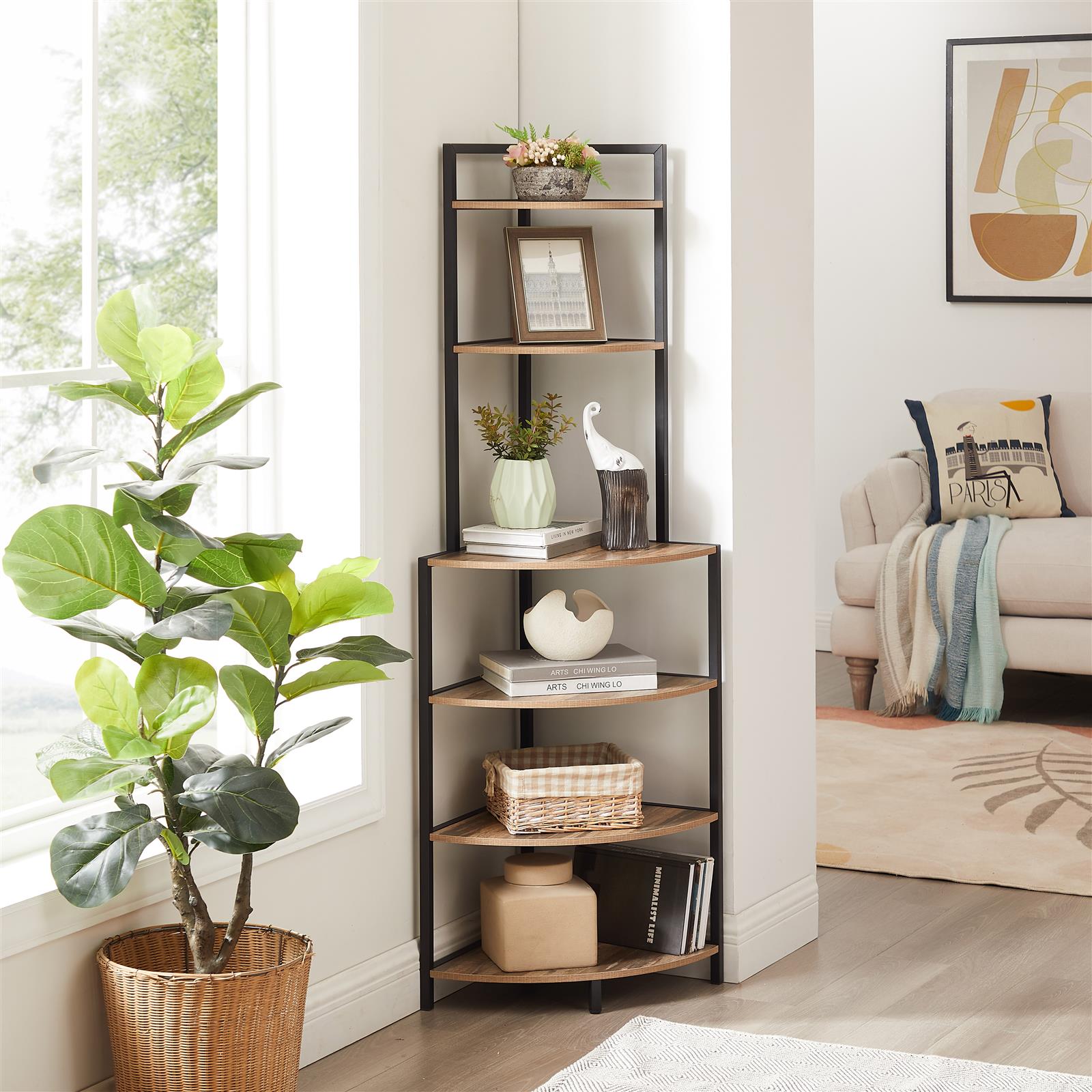DE Direct HAOYYE 6-Tier Corner Shelf Modern Open Bookcase Wood Storage Rack Freestanding Display Stand for Plants Albums and Décor Space-Saving Bookshelf for Living Room Home Office Kitchen Rustic Brown