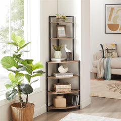 DE Direct HAOYYE 6-Tier Corner Shelf Modern Open Bookcase Wood Storage Rack Freestanding Display Stand for Plants Albums and Décor Space-Saving Bookshelf for Living Room Home Office Kitchen Rustic Brown