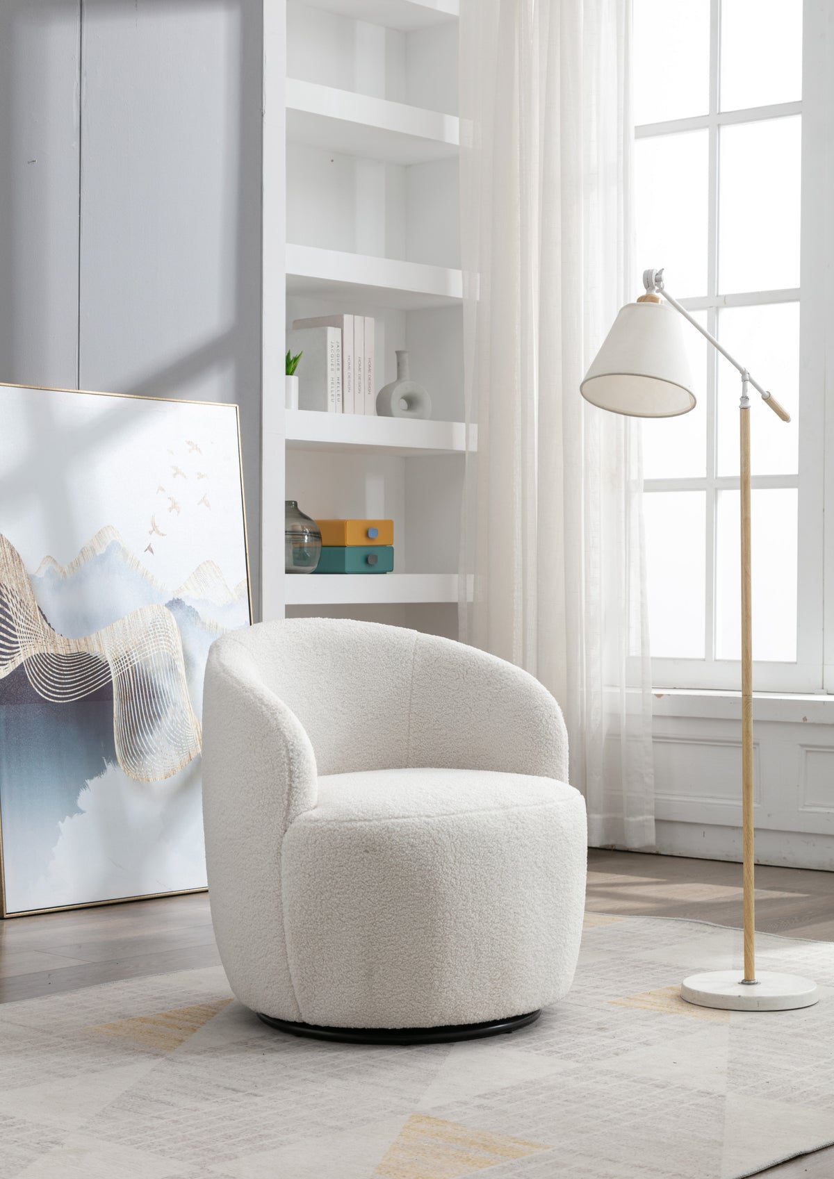HAOYYE Teddy Fabric Swivel Accent Armchair Barrel Chair With Black Powder Coating Metal Ring,Ivory White Sturdy Space-Saving Heavy Duty Modern Design Easy Assembly Durable Stylish Home Furniture Versatile