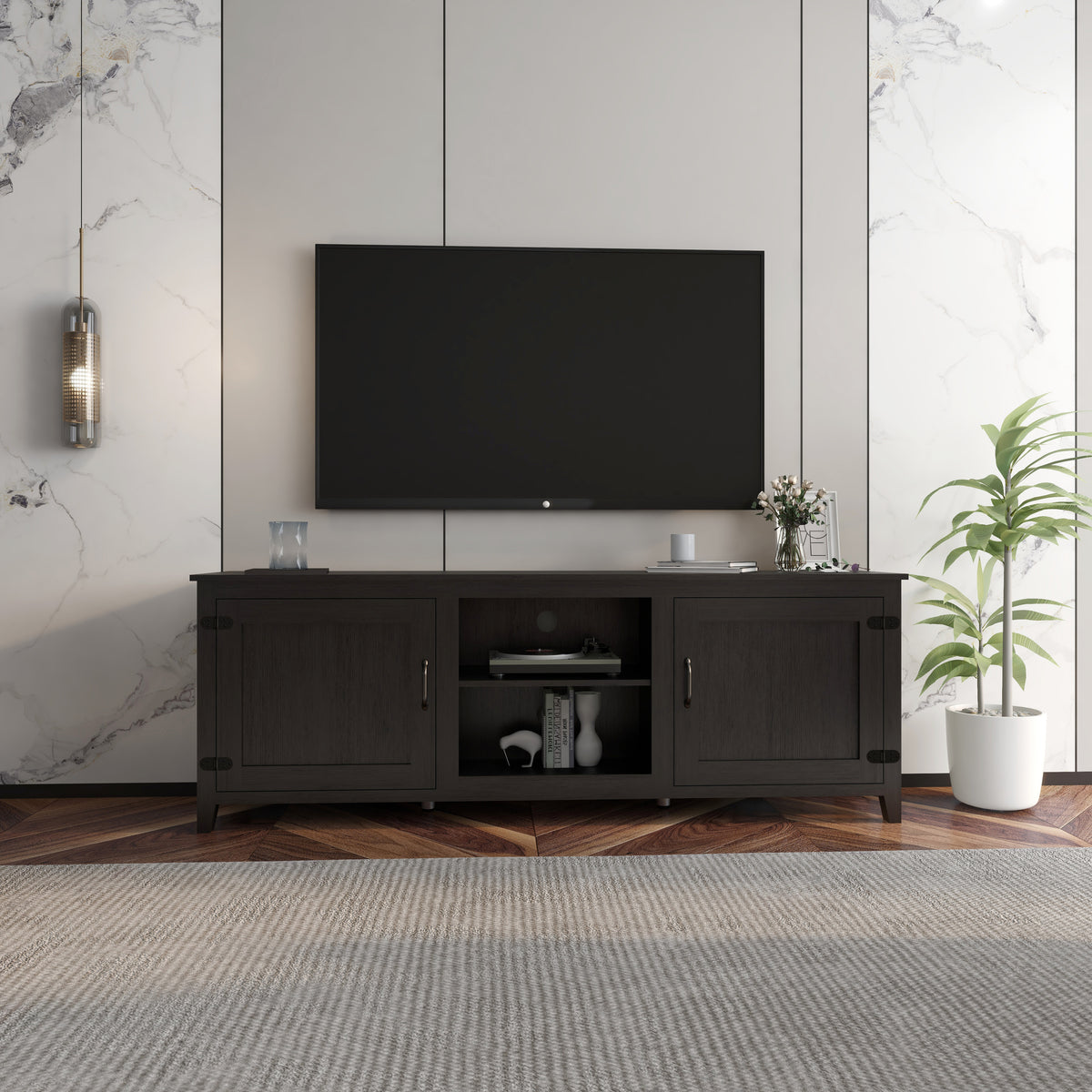 HAOYYE TV Stand Storage Media Console Entertainment Center,Tradition Black,with doors Sturdy Space-Saving Heavy Duty Modern Design Adults Dorm Room Easy Assembly Bedroom Furniture