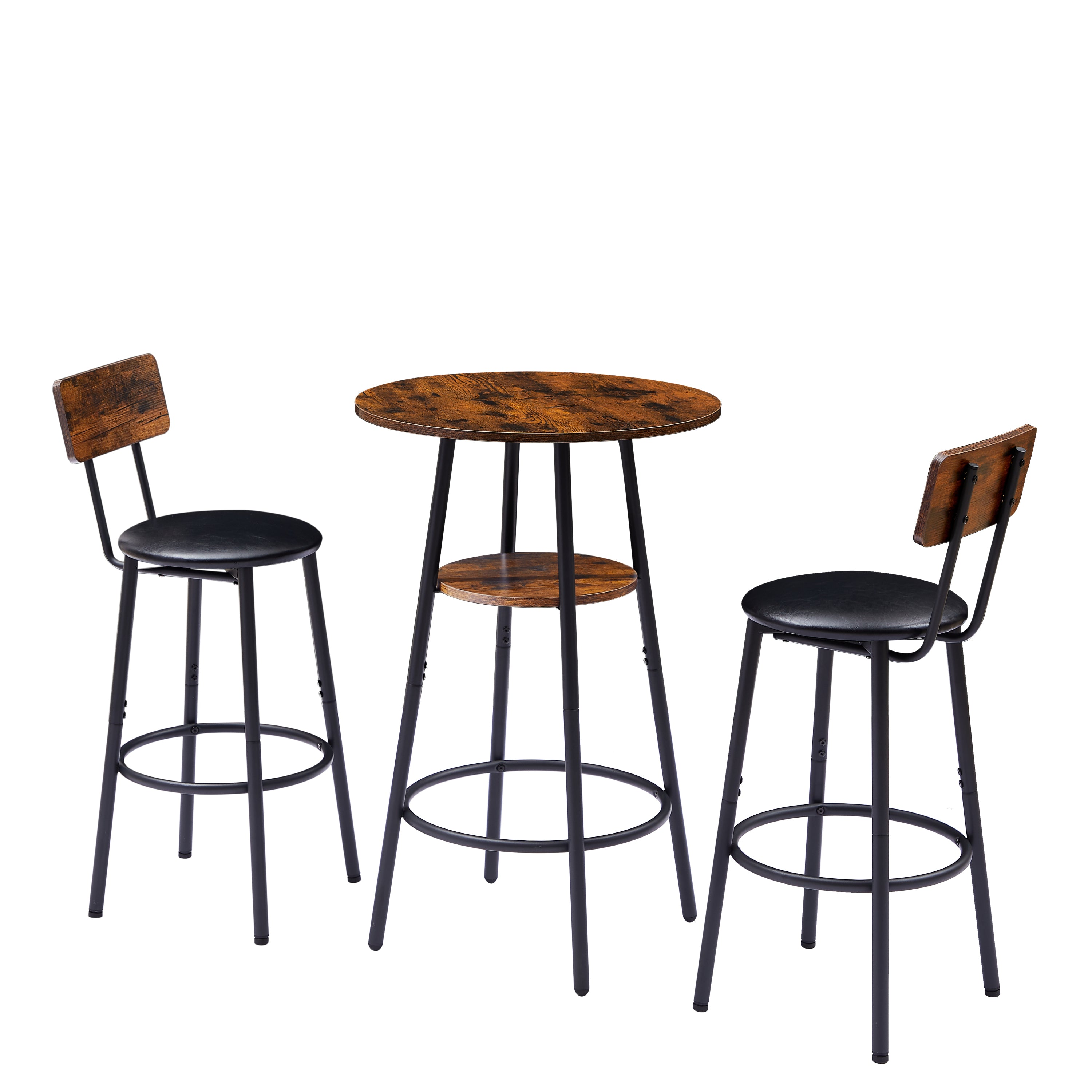HAOYYE Round Bar Stool Set with Shelf, Upholstered Stool with Backrest, Rustic Brown, Sturdy Space-Saving Heavy Duty Design, Easy Assembly, Stylish and Durable, Ideal for Small Spaces
