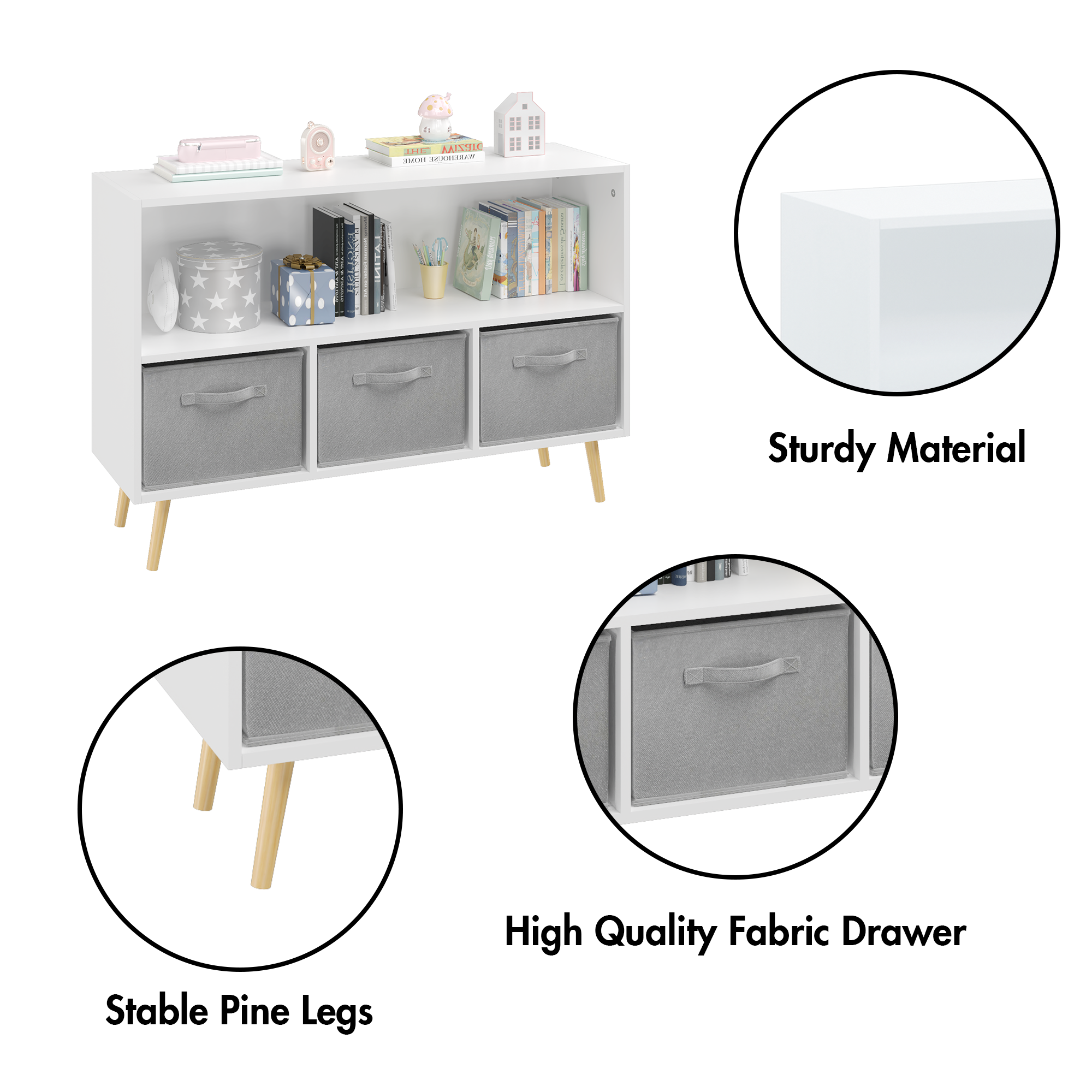 HAOYYE Bookcase with Collapsible Fabric Drawers, Book Display and Toy Storage Cabinet Organizer, White/Gray, Sturdy Space-Saving Design, Heavy Duty Construction, Easy Assembly, Durable and Stylish Home Furniture