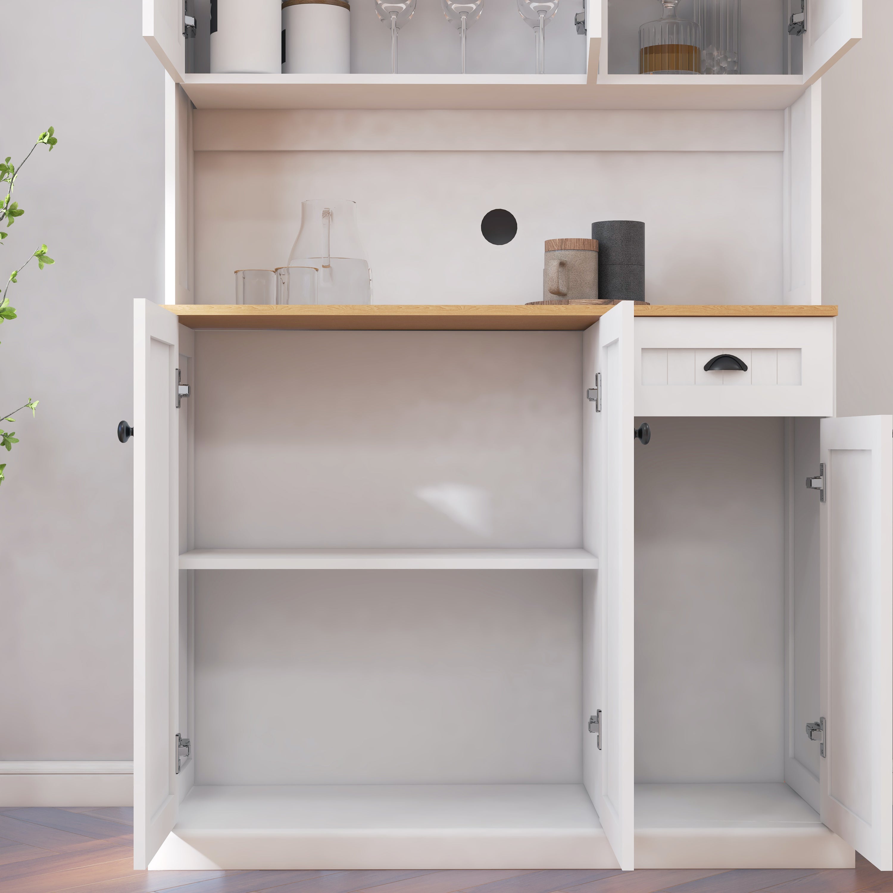 HAOYYE Freestanding Living Room Storage Cabinet with Microwave Countertop, Adjustable Shelves, 6 Doors & 1 Drawer, White, Space-Saving Modern Design, Sturdy Heavy Duty Construction, Stylish Home Furniture