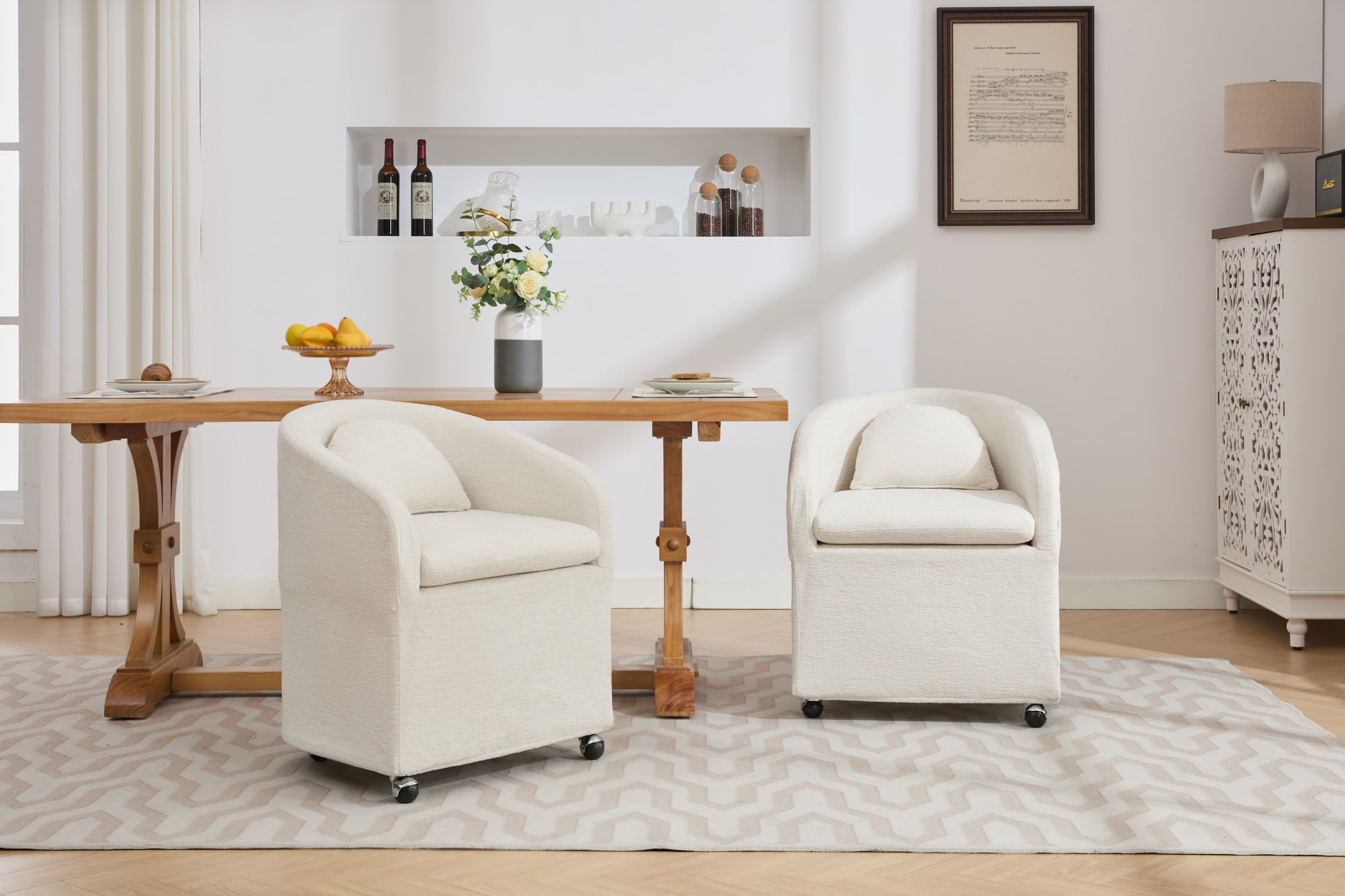 HAOYYE 059-Set of 1 Chenille Fabric Dining Armchair With Back Cushion and Universal Wheels,Beige Sturdy Space-Saving Heavy Duty Modern Design Adults Dorm Room Easy Assembly Bedroom Furniture