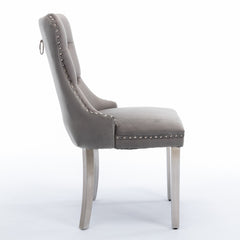 HAOYYE High-end Tufted Solid Wood Contemporary Velvet Upholstered Dining Chair with Chrome Stainless Steel Plating Legs,Nailhead Trim,Set of 2,Gray and Chrome, SW1701GY