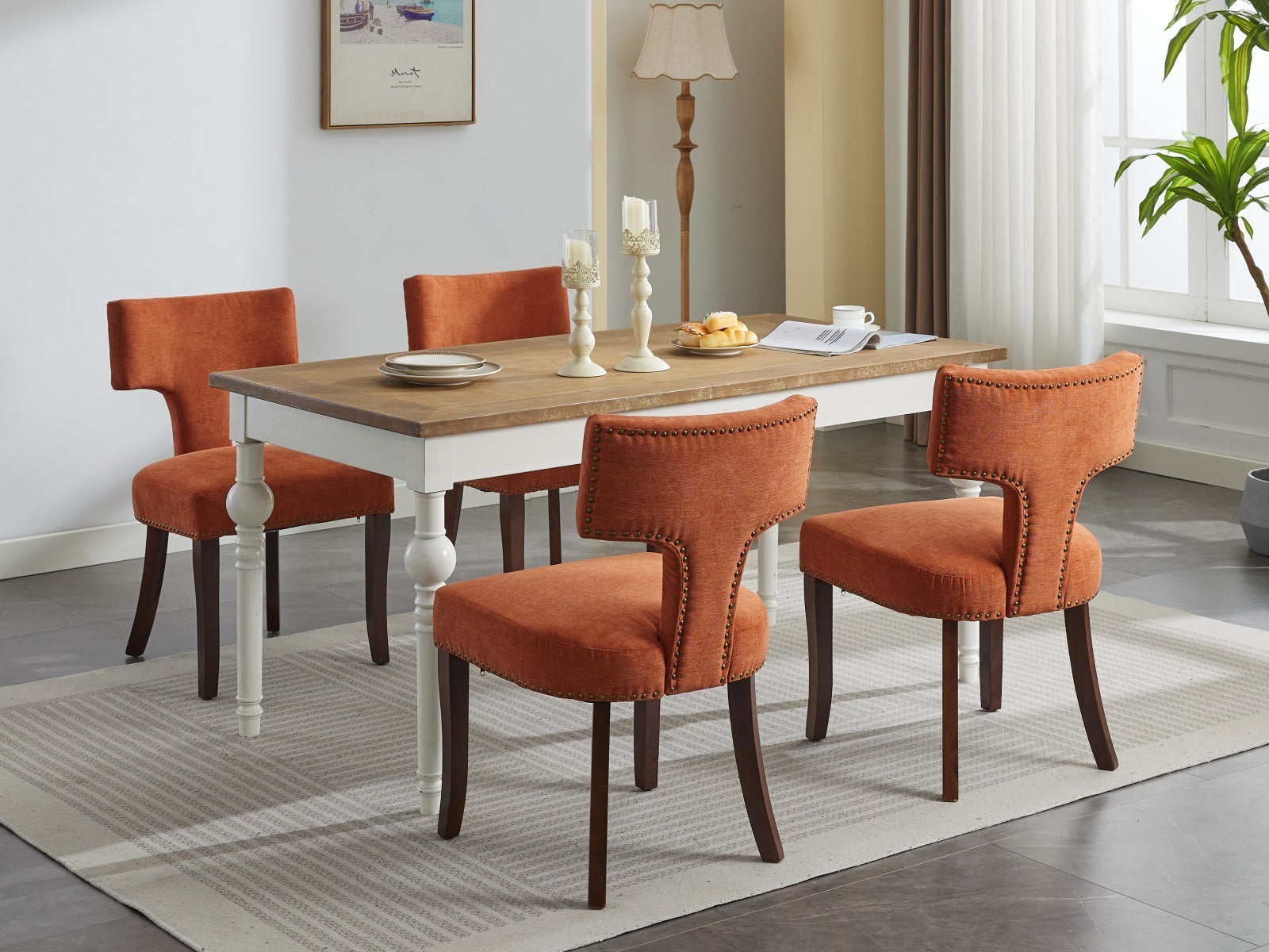 HAOYYE Mid Century Modern Dining Chairs Set of 2, Farmhouse Linen Fabric Upholstered Accent Chair Curved Backrest with Copper Nails around,Kitchen Chairs with Hardwood Frame, Orange Sturdy Space-Saving