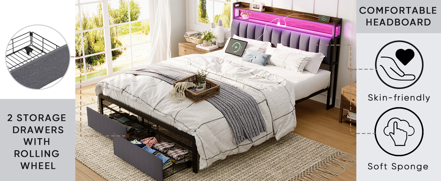 HAOYYE Queen Bed Frame with Storage Headboard and Drawers, LED Upholstered Platform Bed Frame with Built-in Charging Station, No Box Spring Needed, Easy Assembly, Sturdy and Space-Saving Design in Grey for Adults