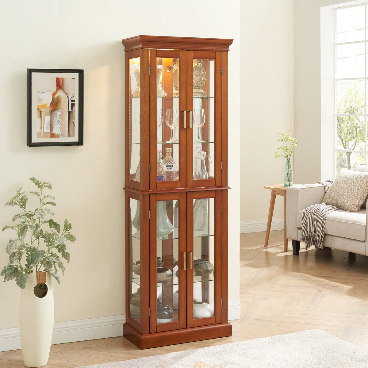 Haoyye Lighted Curio Cabinet with Adjustable Shelves Mirrored Back Panel Tempered Glass Doors Walnut 6 Tier Heavy Duty Space-Saving Sturdy Display Cabinet