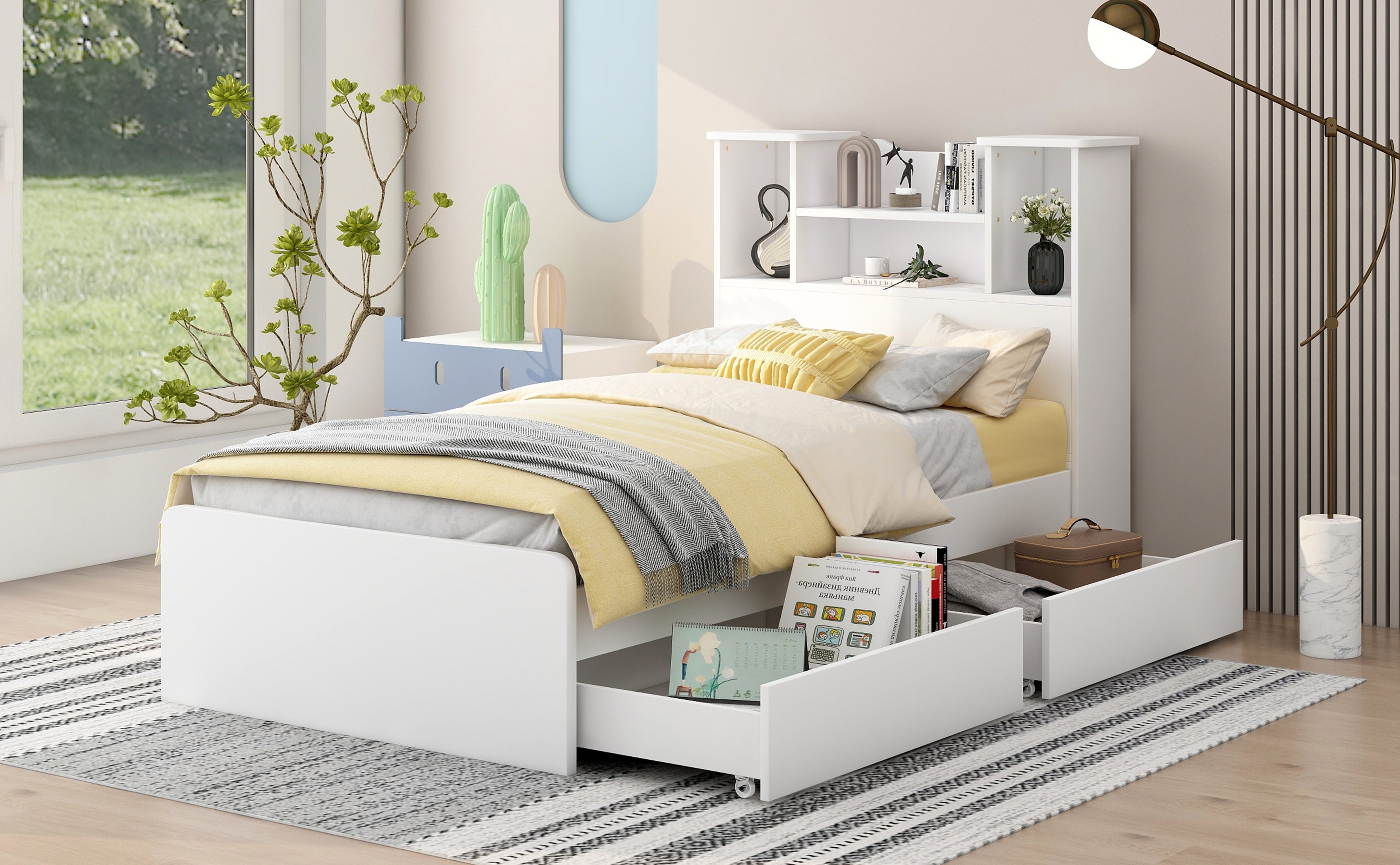 HAOYYE Twin Size Storage Platform Bed Frame with 4 Open Storage Shelves and 2 Drawers, LED Lights, White, Sturdy Space-Saving Heavy Duty Design, Easy Assembly, Ideal for Adults and Dorm Rooms