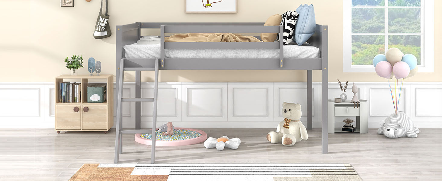 HAOYYE Twin Size Wood Low Loft Bed with Ladder, ladder can be placed on the left or right, Gray Sturdy Space-Saving Heavy Duty Modern Design Adults Dorm Room Easy Assembly Bedroom Furniture