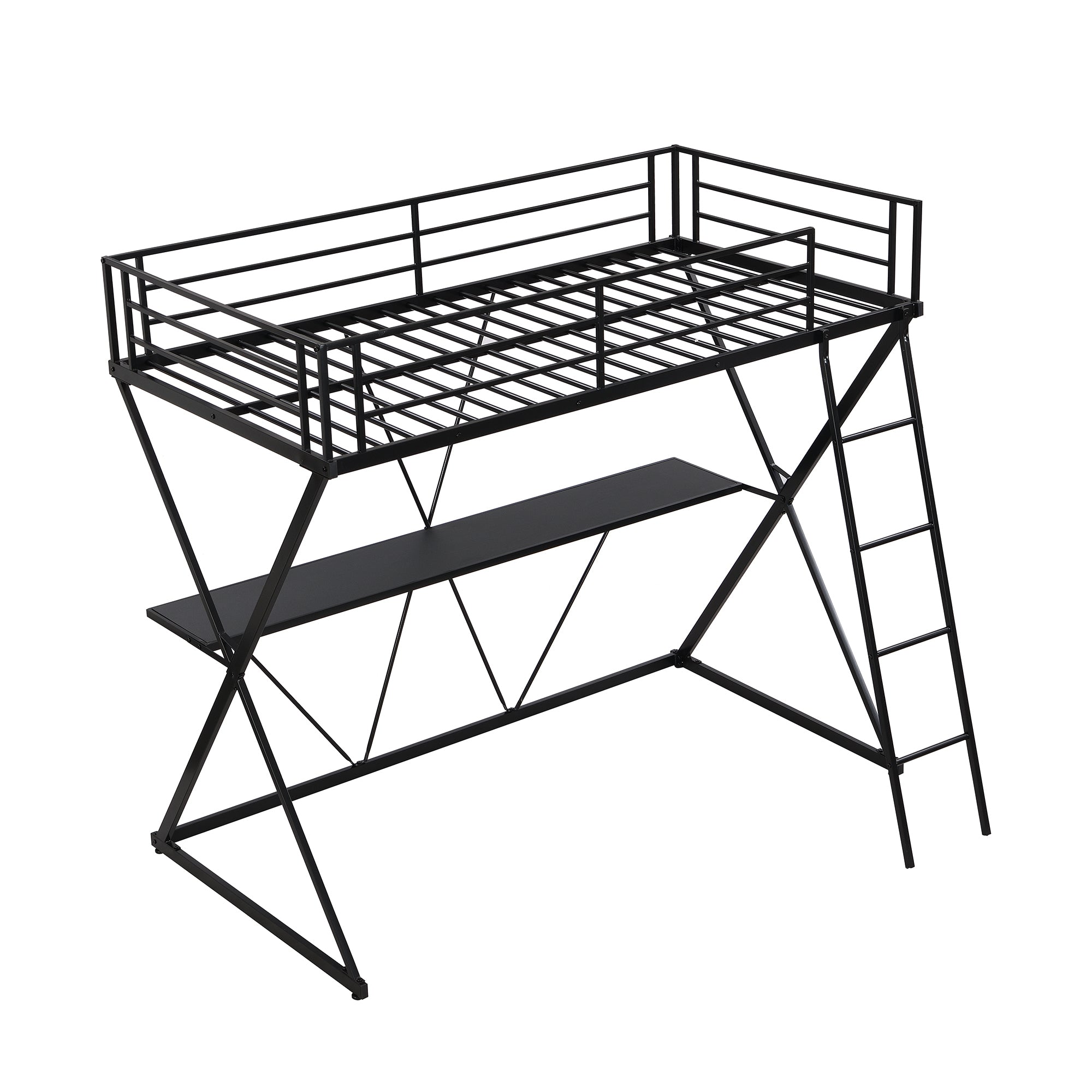 HAOYYE Twin Size Loft Bed with Desk, Ladder and Full-Length Guardrails, X-Shaped Frame, Black(Old SKU: MF297073AAB) Sturdy Space-Saving Heavy Duty Modern Design Adults Dorm Room Easy Assembly