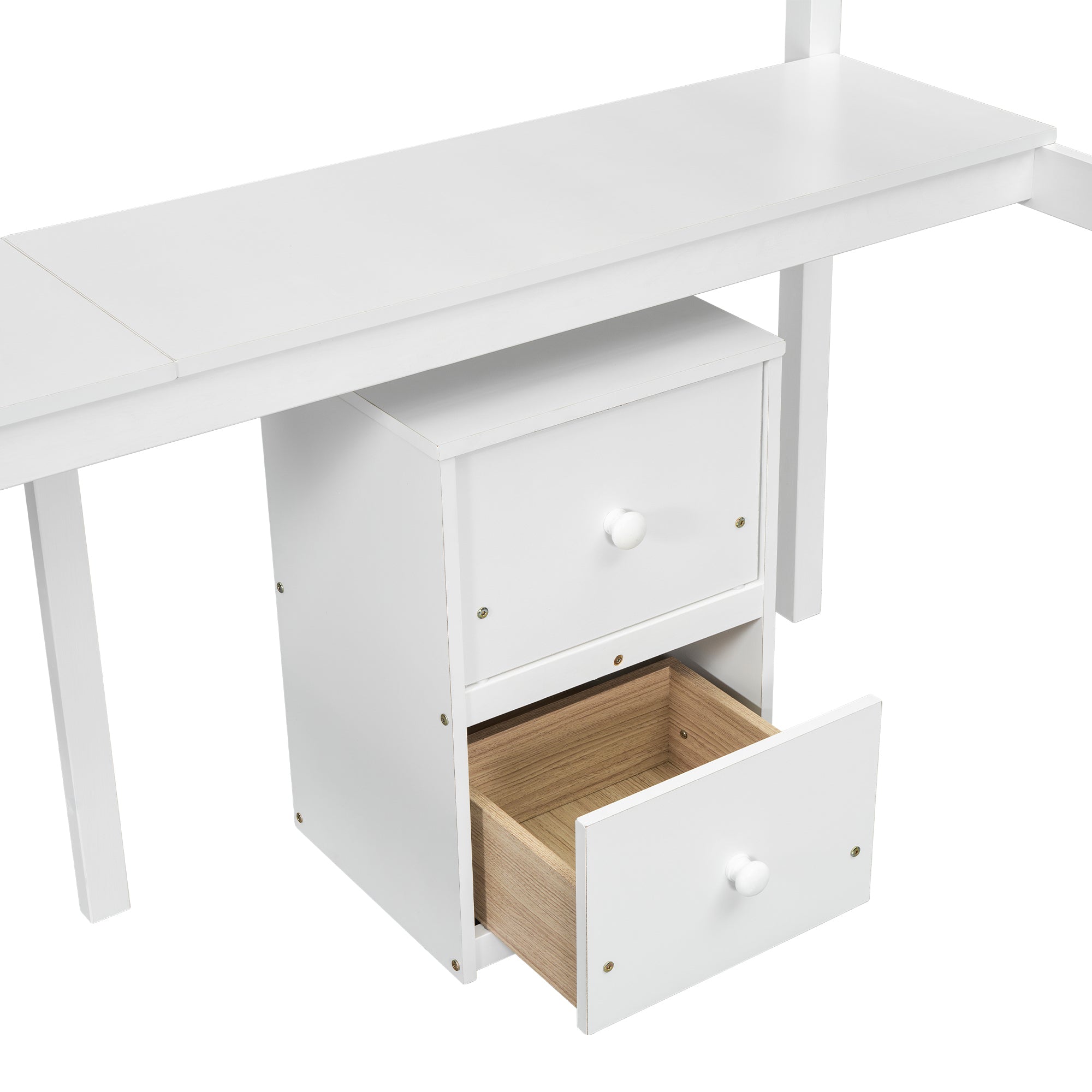 HAOYYE Twin Loft Wood Bed with Under-Bed Built-In Desk and Two-Drawer Storage Cabinet, Guardrails, and Ladder, White Sturdy Space-Saving Design, Heavy Duty Construction, Easy Assembly, Durable Stylish Home Furniture