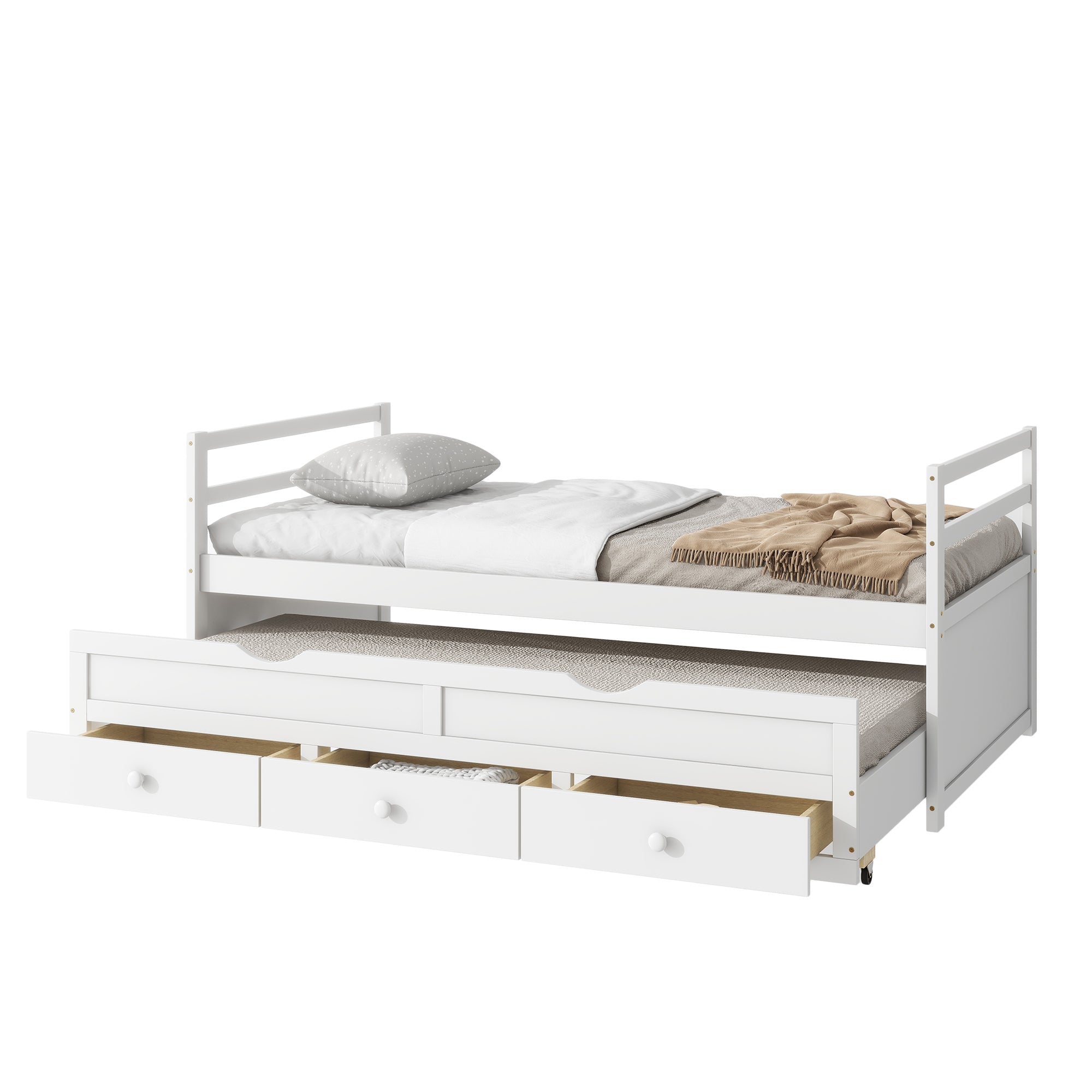 HAOYYE Twin Bed with Headboard, Footboard, Trundle and Storage Drawers, Pine Wood Twin Size Bed, White, Sturdy Space-Saving Heavy Duty Construction, Ideal for Adults and Dorm Rooms