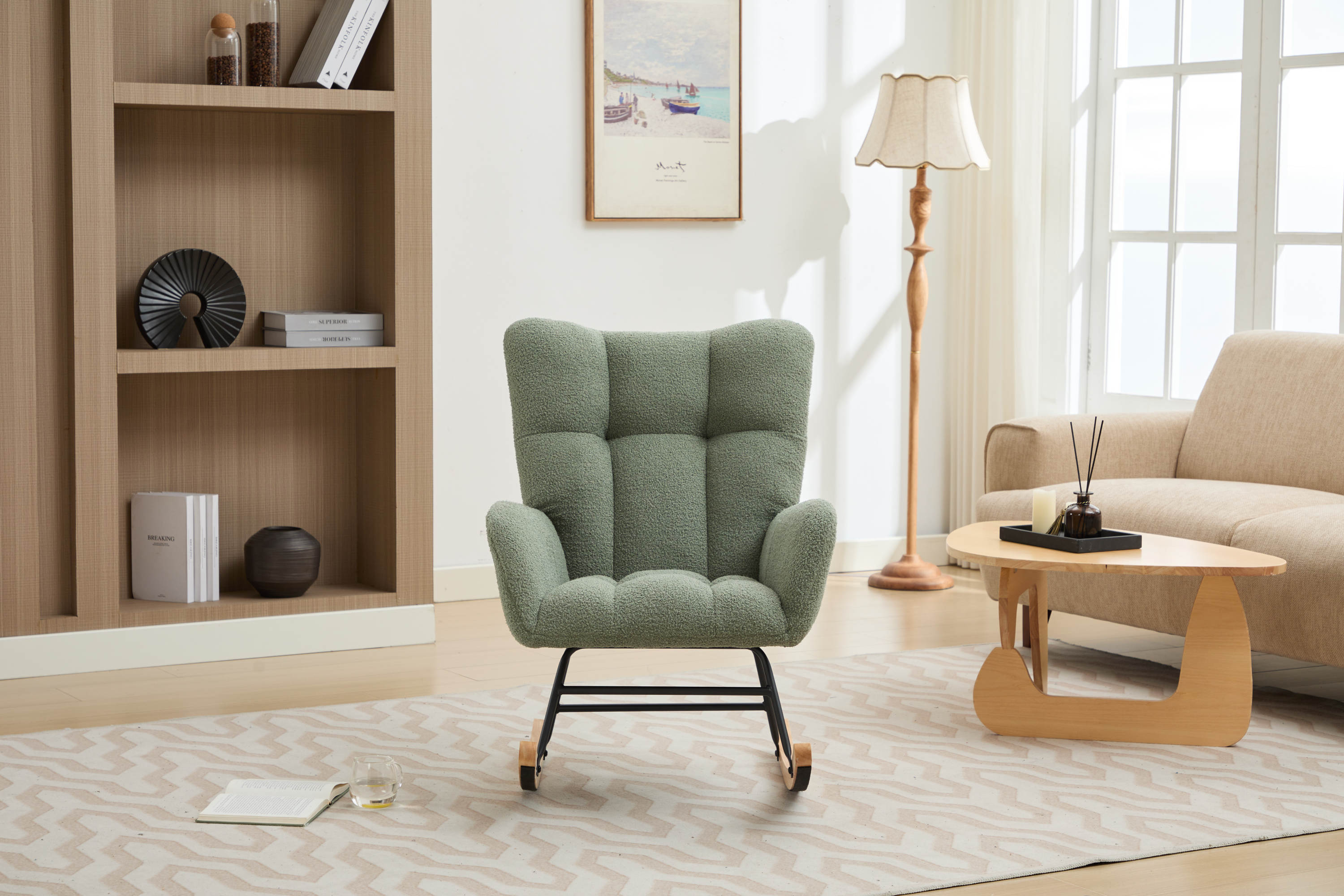Haoyye Modern Upholstered Nursery Rocking Chair with High Backrest, Teddy Fabric Glider Accent Armchair with Solid Wood Legs and Metal Frame, Comfortable Rocker for Bedroom, Living Room or Lounge, Gentle Swing Chair in Green