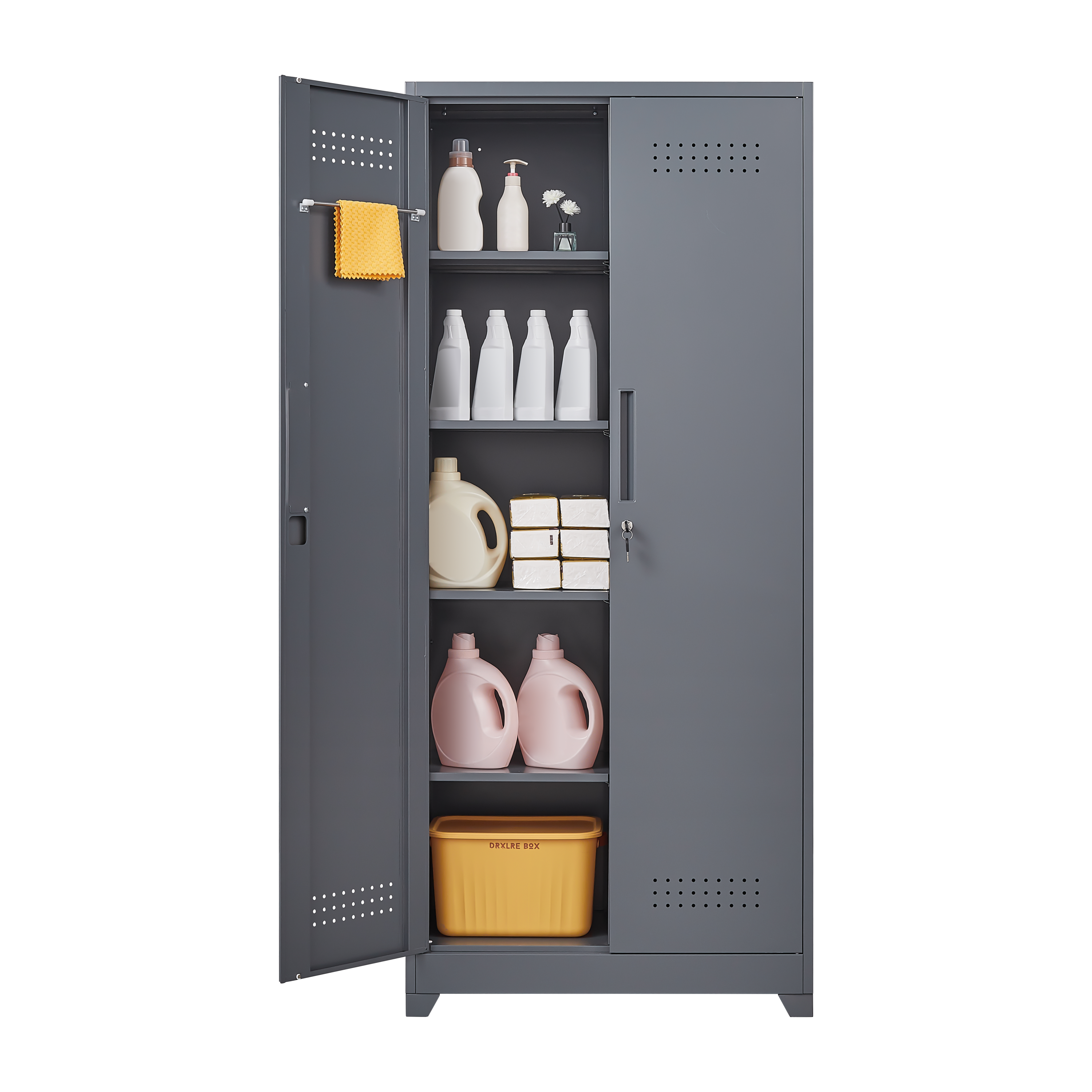HAOYYE Metal Storage Cabinets, Cleaning Tool Cabinet with Locking Door, Tall Broom Tool Organizer and Storage, Large Storage Cabinet for Kitchen, Pantry, Office, Shop Sturdy Space-Saving Heavy Duty Durable