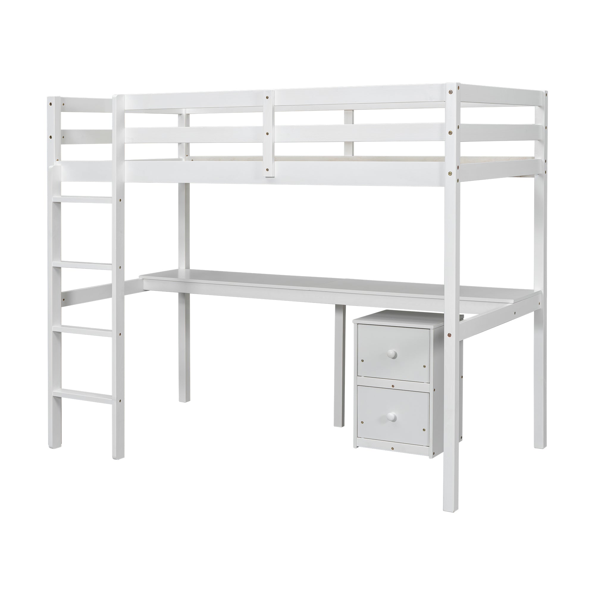 HAOYYE Twin Loft Wood Bed with Under-Bed Built-In Desk and Two-Drawer Storage Cabinet, Guardrails, and Ladder, White Sturdy Space-Saving Design, Heavy Duty Construction, Easy Assembly, Durable Stylish Home Furniture