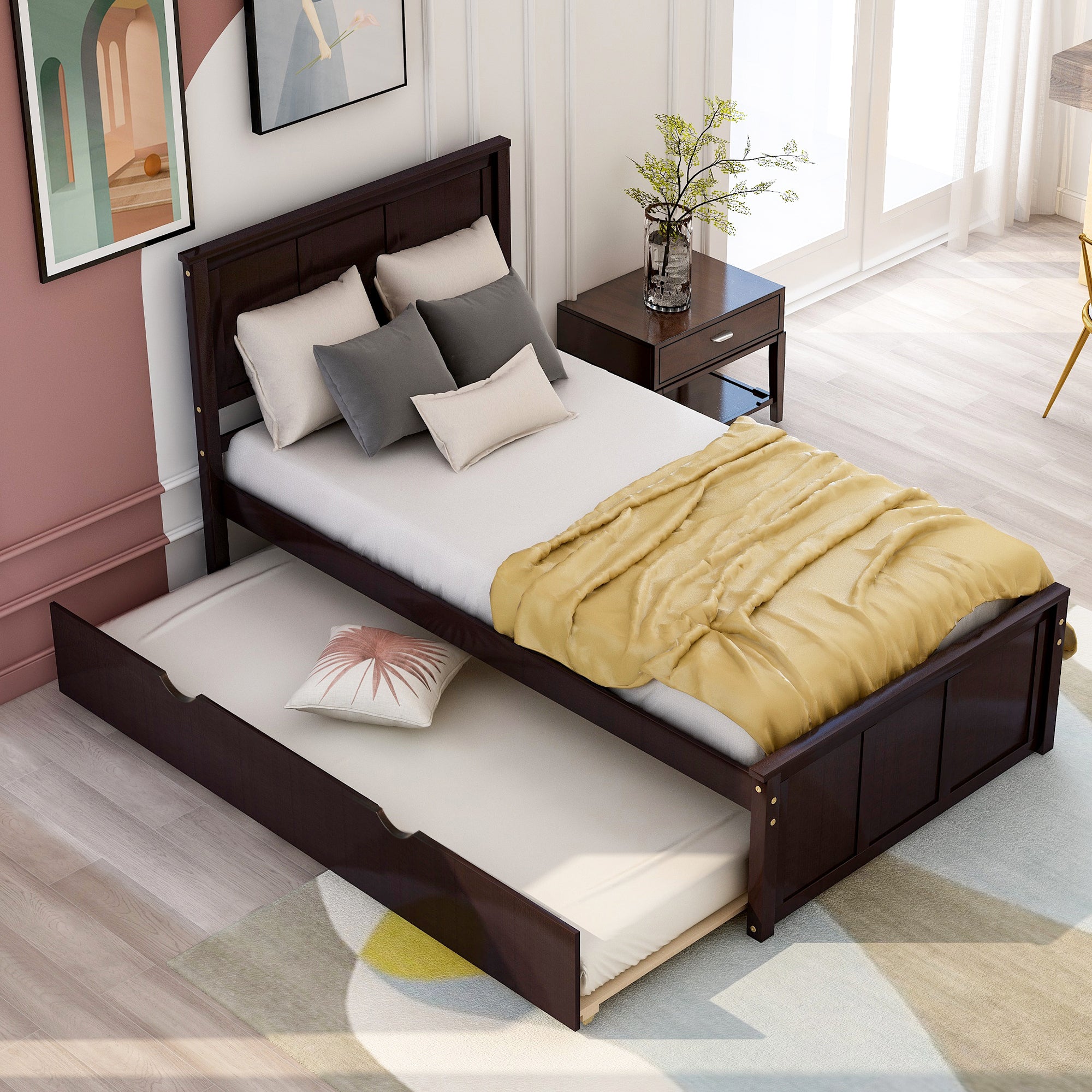HAOYYE Platform Bed with Twin Size Trundle, Twin Size Frame, Espresso Sturdy Space-Saving Heavy Duty Modern Design Easy Assembly Durable Stylish Home Furniture Versatile