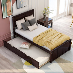 HAOYYE Platform Bed with Twin Size Trundle, Twin Size Frame, Espresso Sturdy Space-Saving Heavy Duty Modern Design Easy Assembly Durable Stylish Home Furniture Versatile