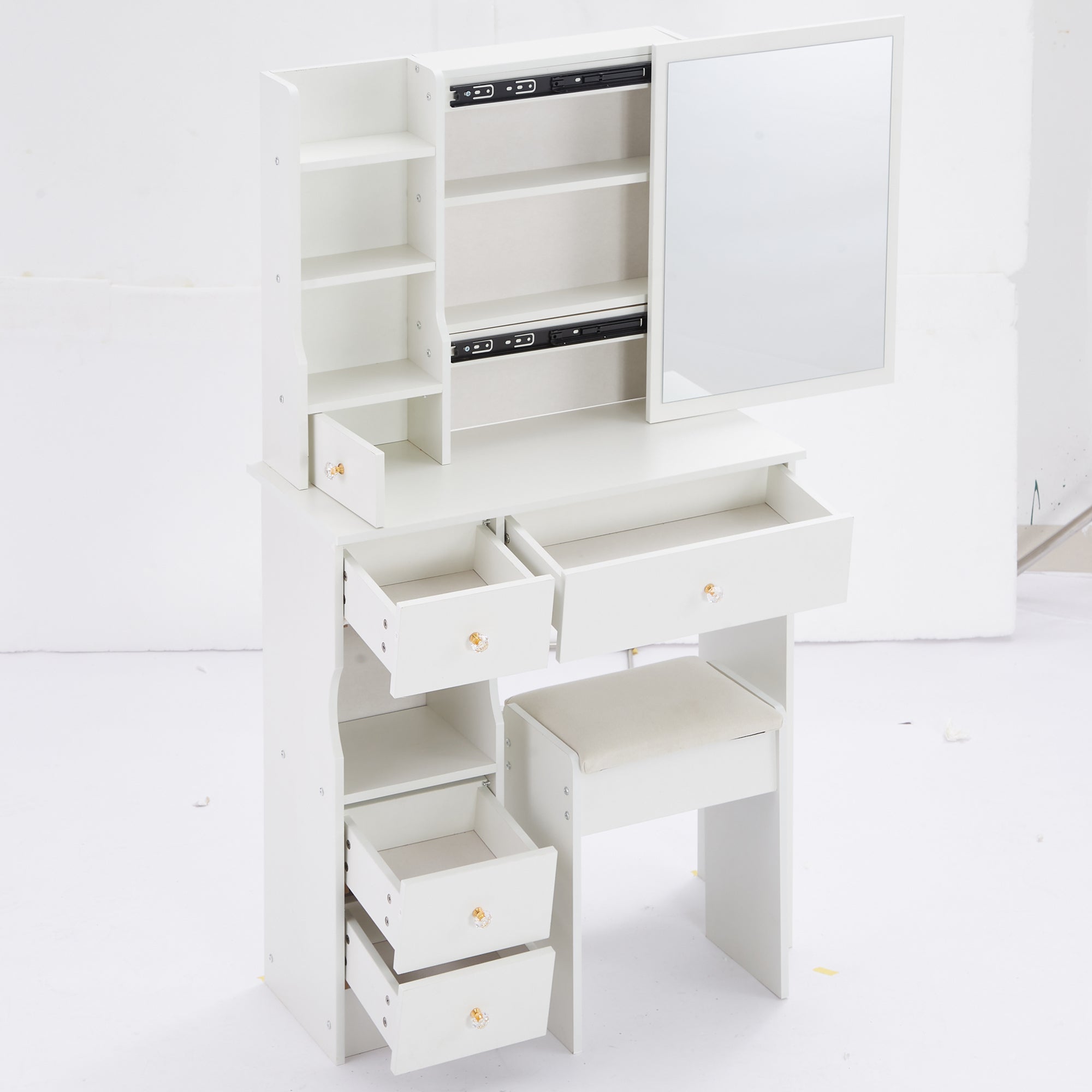 HAOYYE Small Size Left Drawer Desktop Vanity Table + Cushioned Stool, Extra Large Sliding Mirror, Multi Layer, High Capacity Storage Fashionable Dresser, Suitable for Small Space, EPA,GCC,UL Certificate