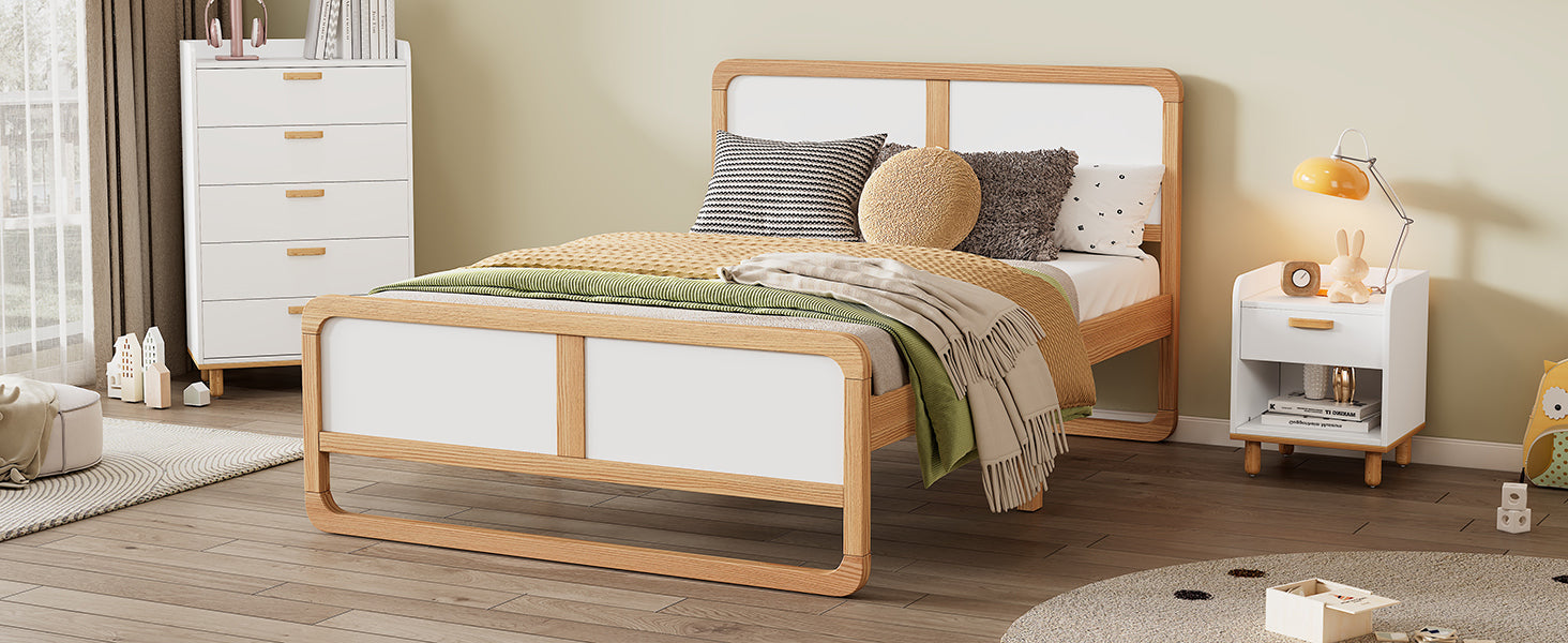 HAOYYE Modern Style Queen Size Solid Wood Platform Bed for , Teens, Adults, No Need Box Spring, Walnut and White Sturdy Space-Saving Heavy Duty Modern Design Dorm Room Easy Assembly Bedroom Furniture