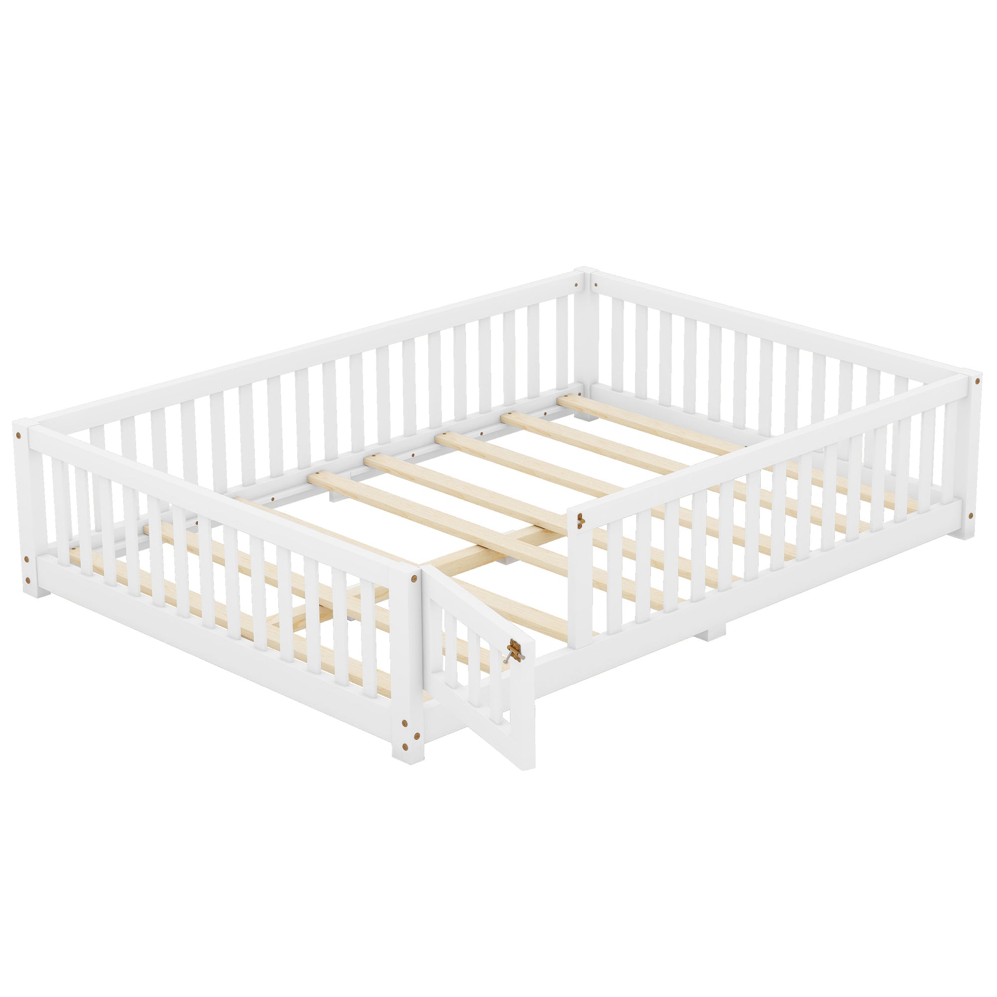 HAOYYE Full Size Bed Floor Bed with Safety Guardrails and Door for , White(Old SKU: W158090689) Sturdy Space-Saving Heavy Duty Modern Design Adults Dorm Room Easy Assembly Bedroom Furniture