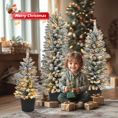 HAOYYE Set of 3 Pre-lit Snow Flocked Artificial Christmas Trees with Pot Stands Battery Operated 50 100 150 Warm LED Lights and 130 180 250 PVC Branch Tips Perfect for Holiday Party Office or Home Décor