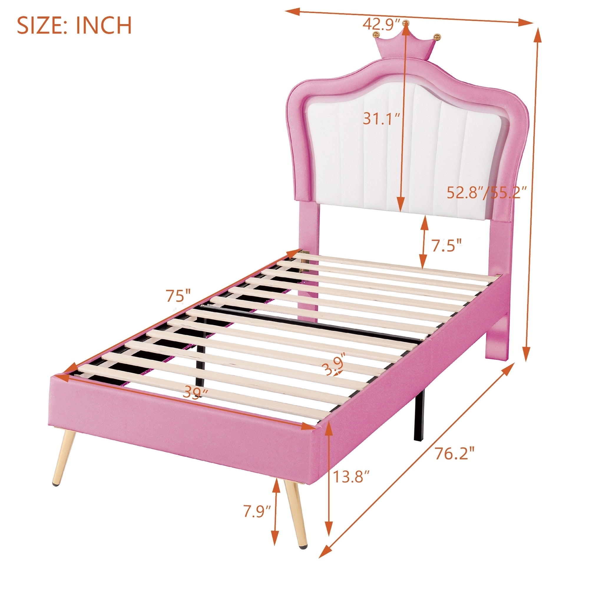 HAOYYE Twin Size Upholstered Bed Frame with LED Lights, Modern Upholstered Princess Bed With Crown Headboard,White+Pink Sturdy Space-Saving Heavy Duty Modern Design Adults Dorm Room Easy Assembly