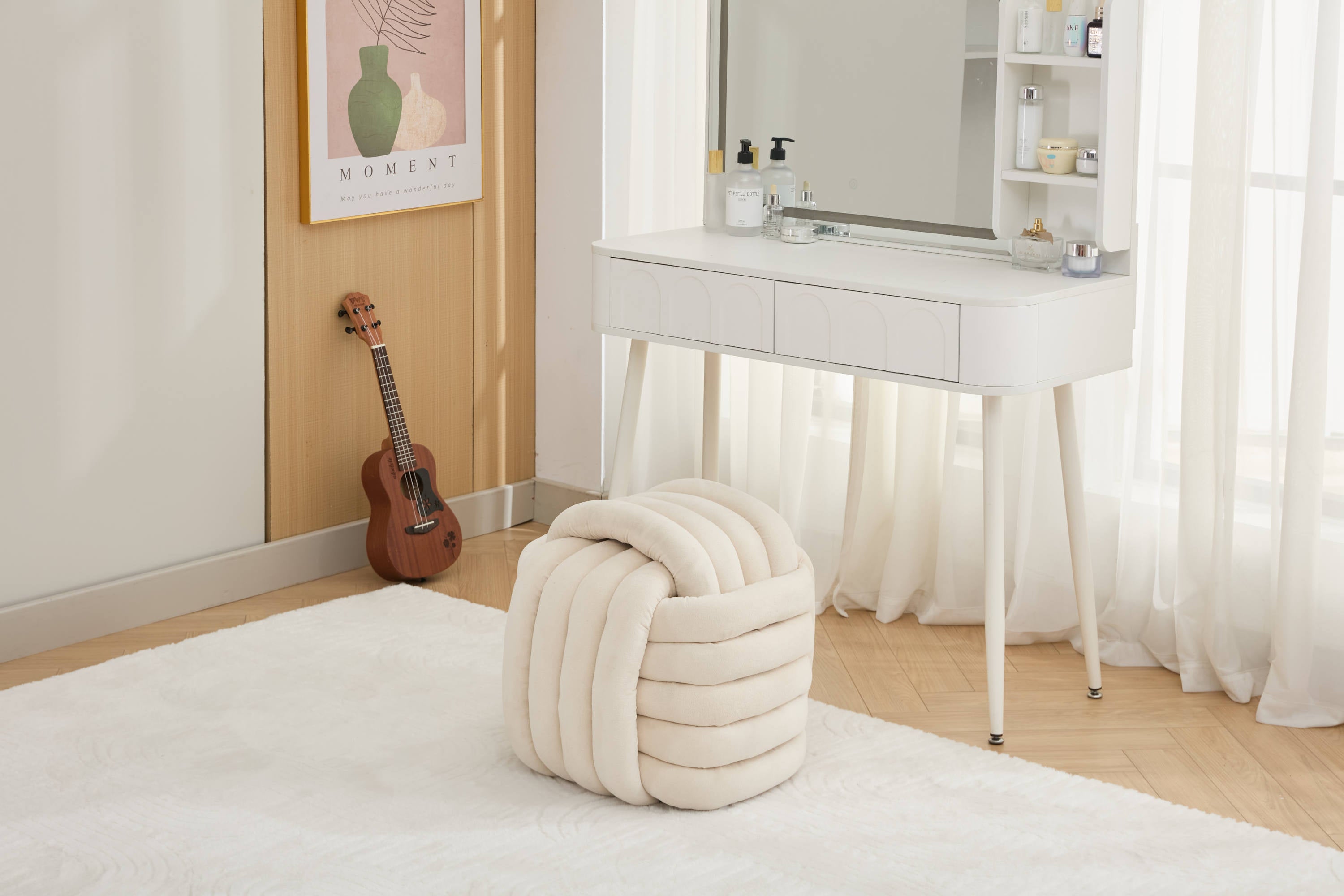 Haoyye Chenille Fabric Knot Design Ottoman Footstool Makeup Stool, Comfortable and Stylish Seat, Modern Upholstered Chair for Living Room or Bedroom, Beige, Sturdy and Space-Saving Furniture