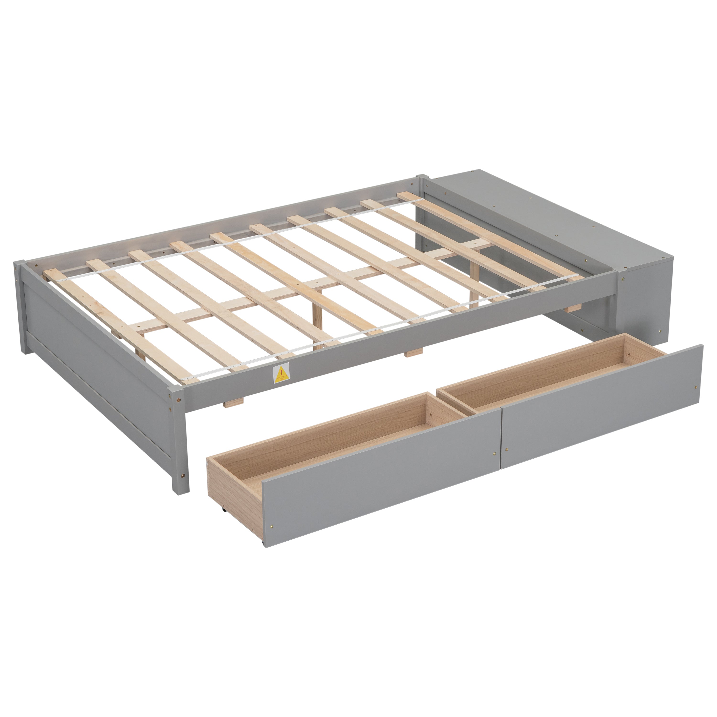 HAOYYE Full Size Bed with Storage Case, 2 Storage Drawers, Lengthwise Support Slat, Grey Heavy Duty Sturdy Bed Frame, Space-Saving Modern Design, Easy Assembly, Durable Stylish Home Furniture, Versatile Bedroom Storage Solution.